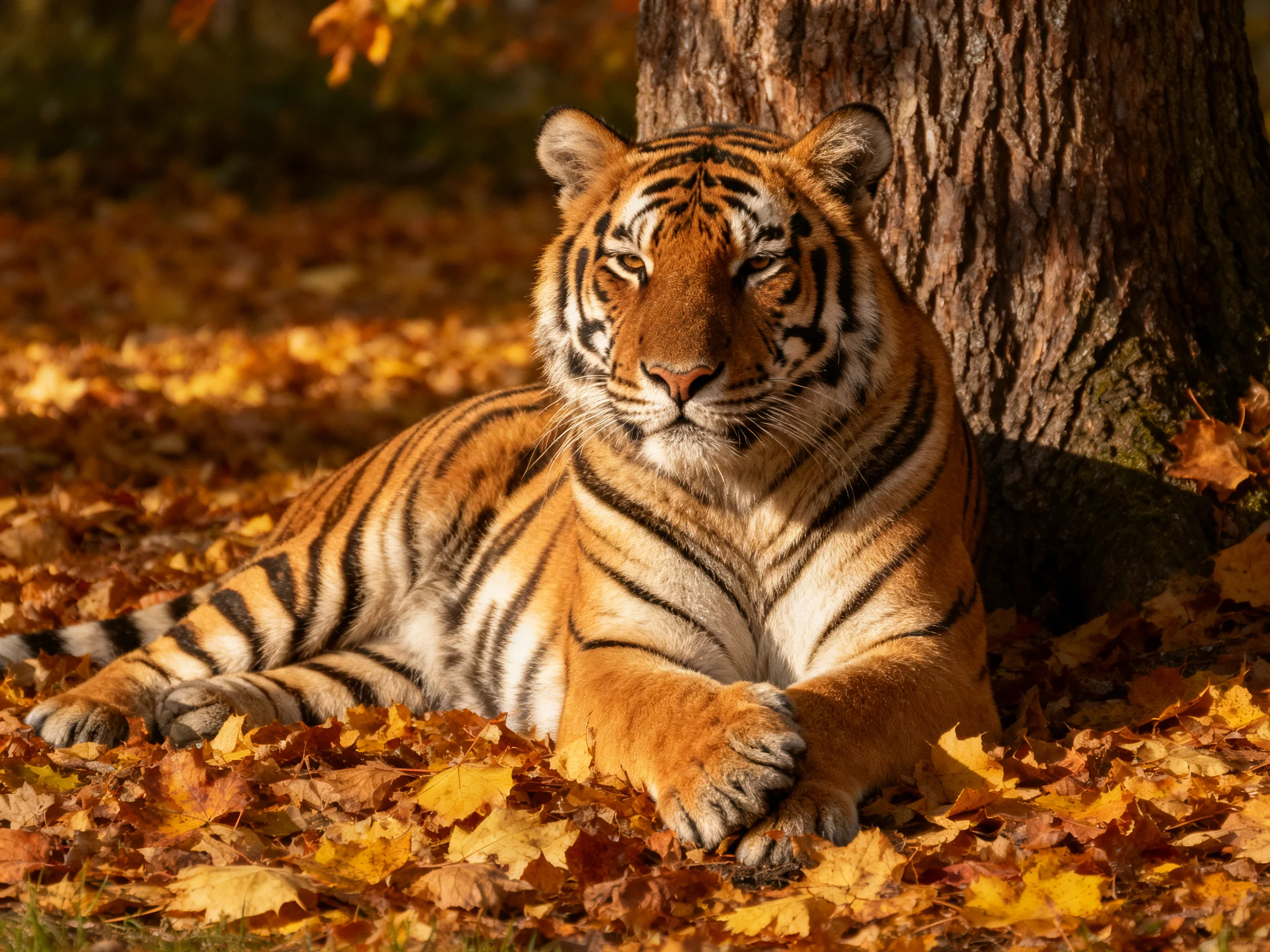 A tiger rests on fallen leaves near a tree trunk