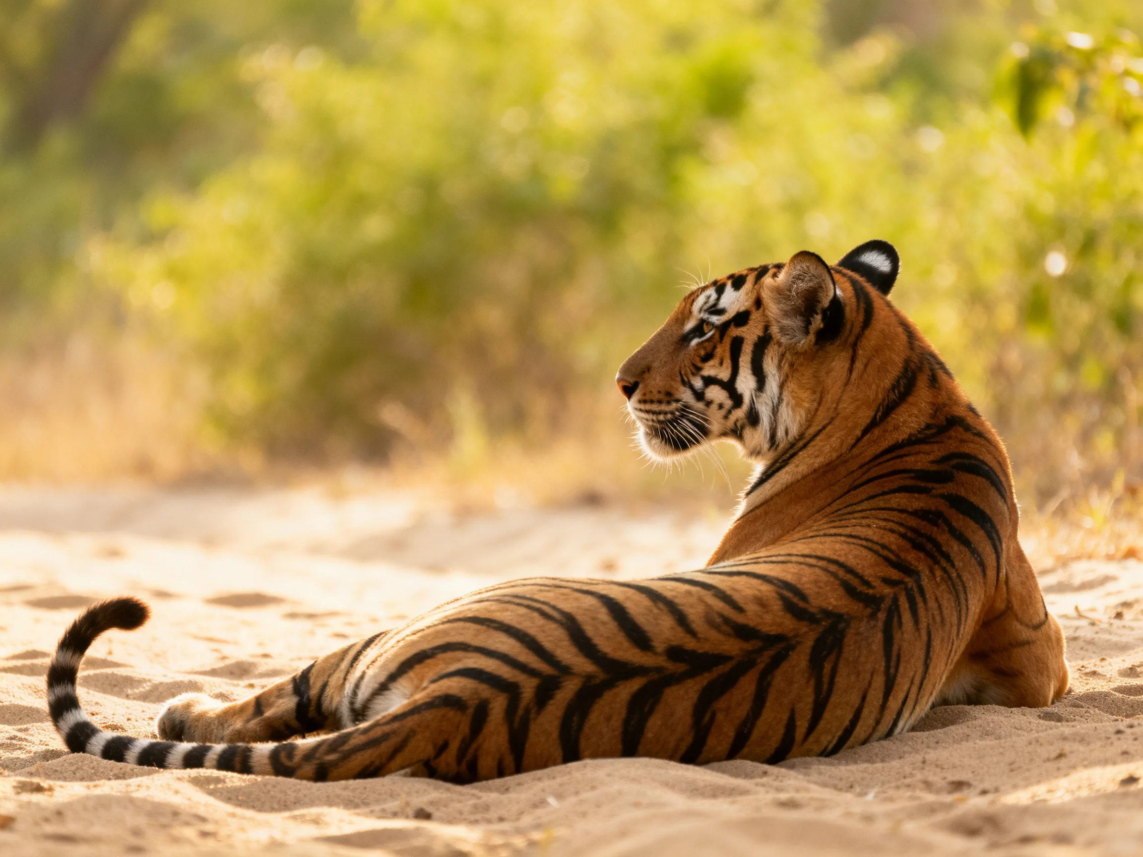 A tiger lounges on sandy ground with lush greenery nearby