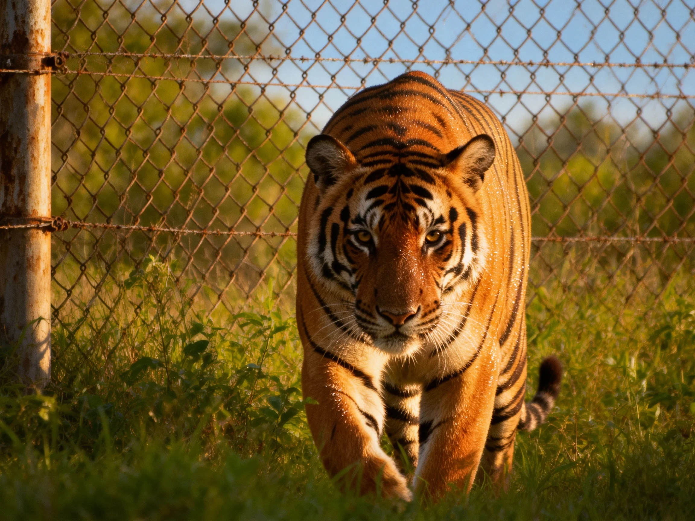 A tiger approaches near a chain-link fence under bright daylight.