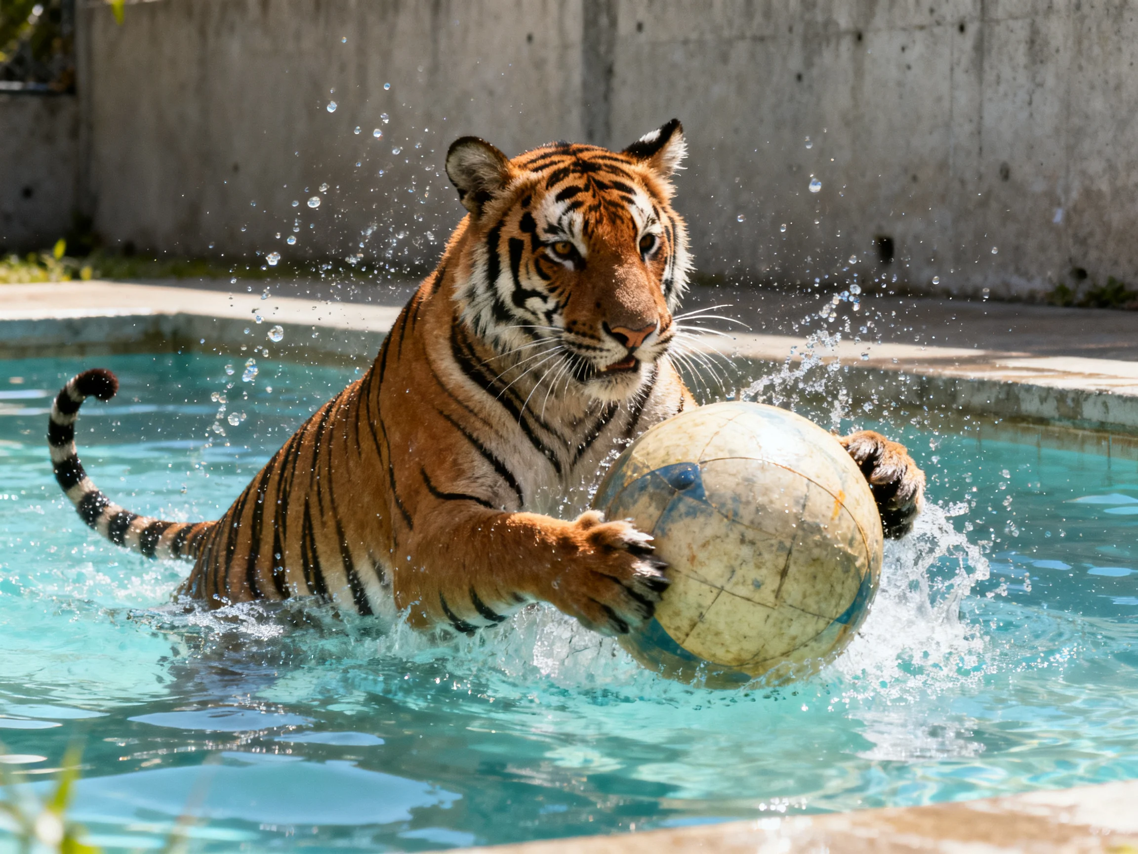 A tiger plays with a large ball in a pool of blue water