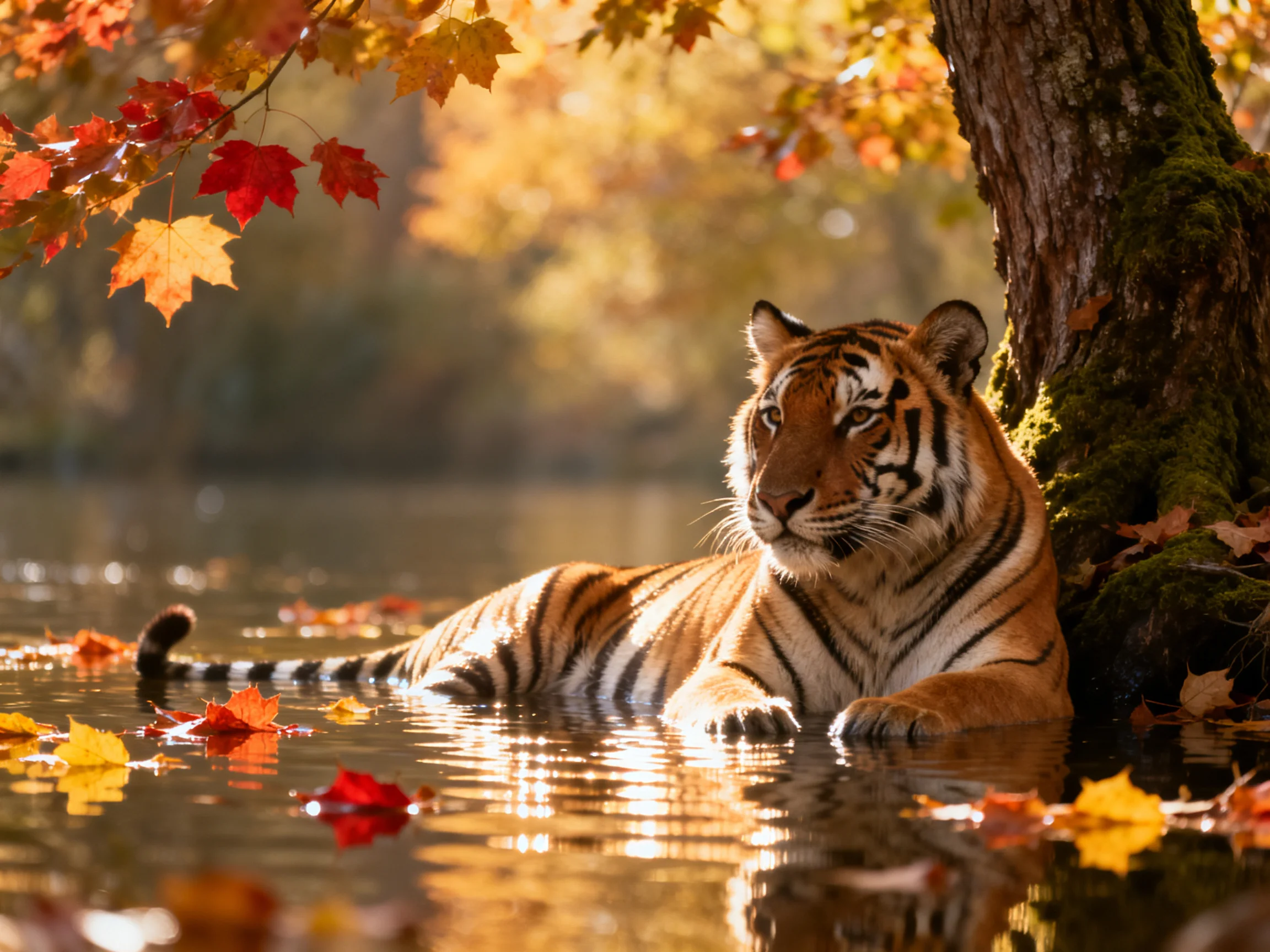 A tiger lounges in calm water amid autumn leaves near a mossy tree