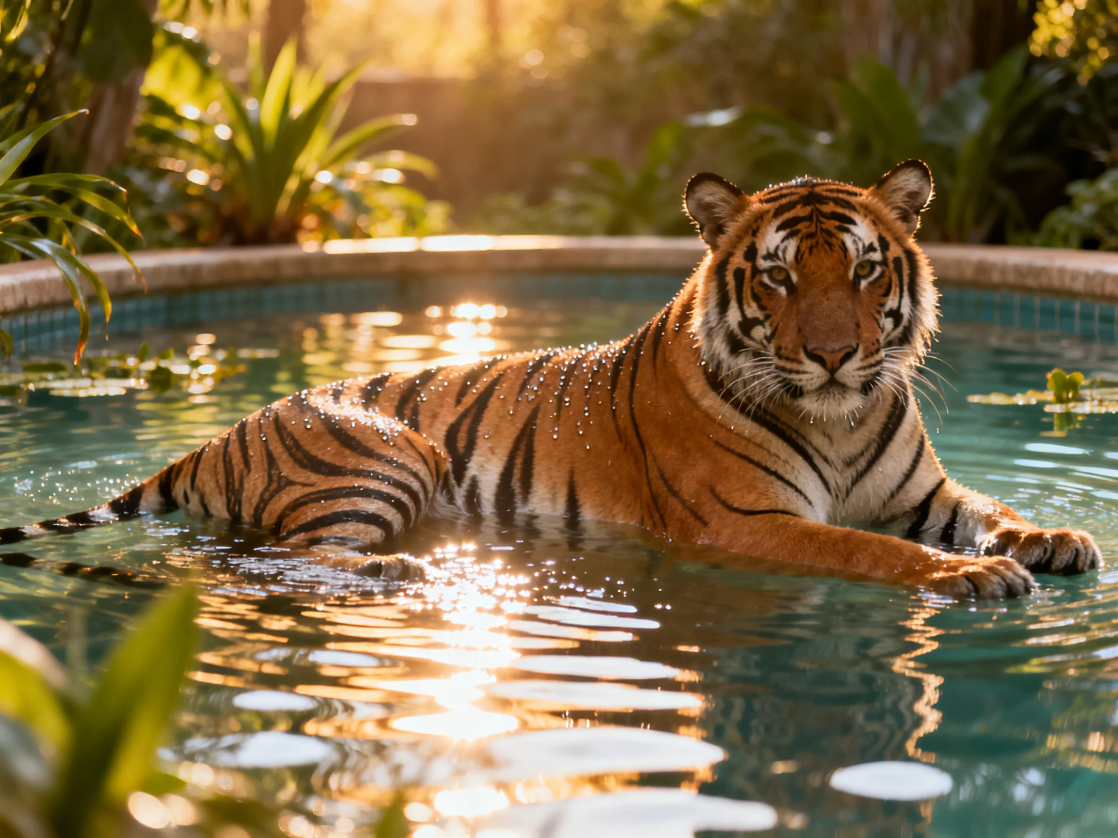 A tiger relaxes in a sunlit pool with lush greenery
