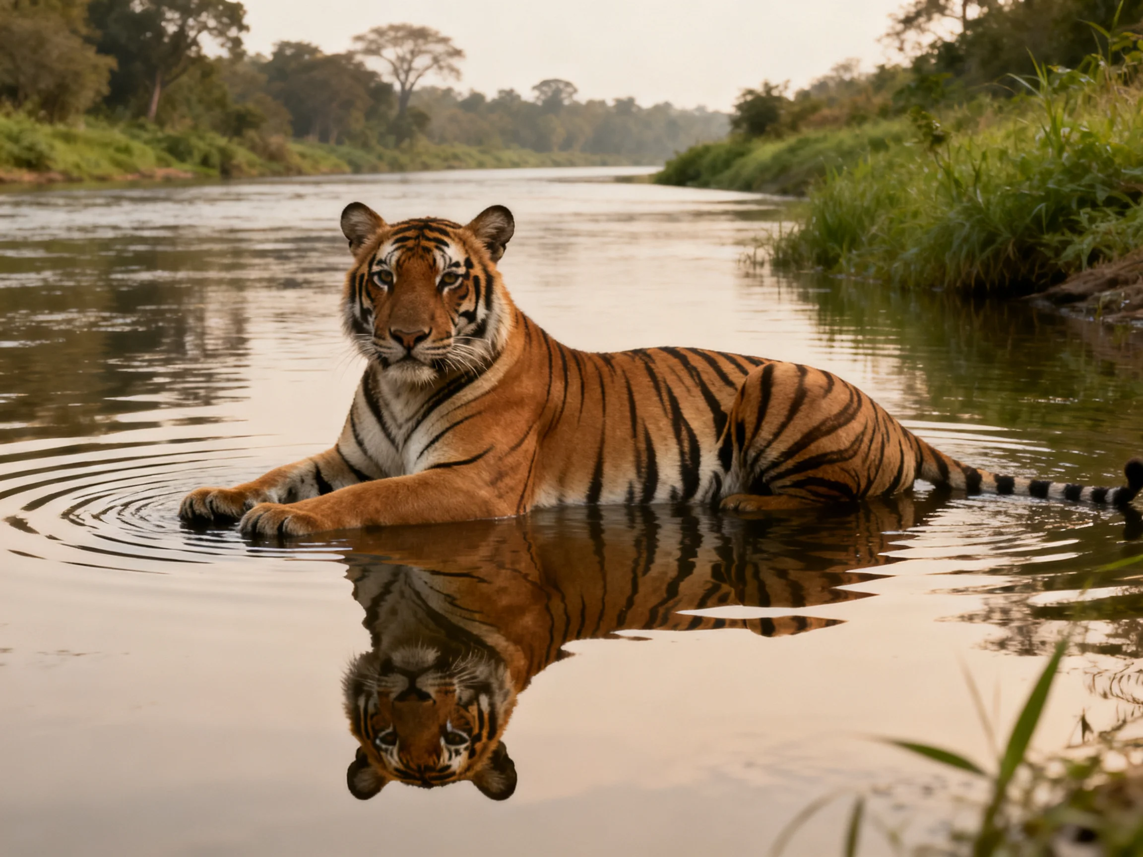 A tiger rests in calm river water with its reflection clearly visible