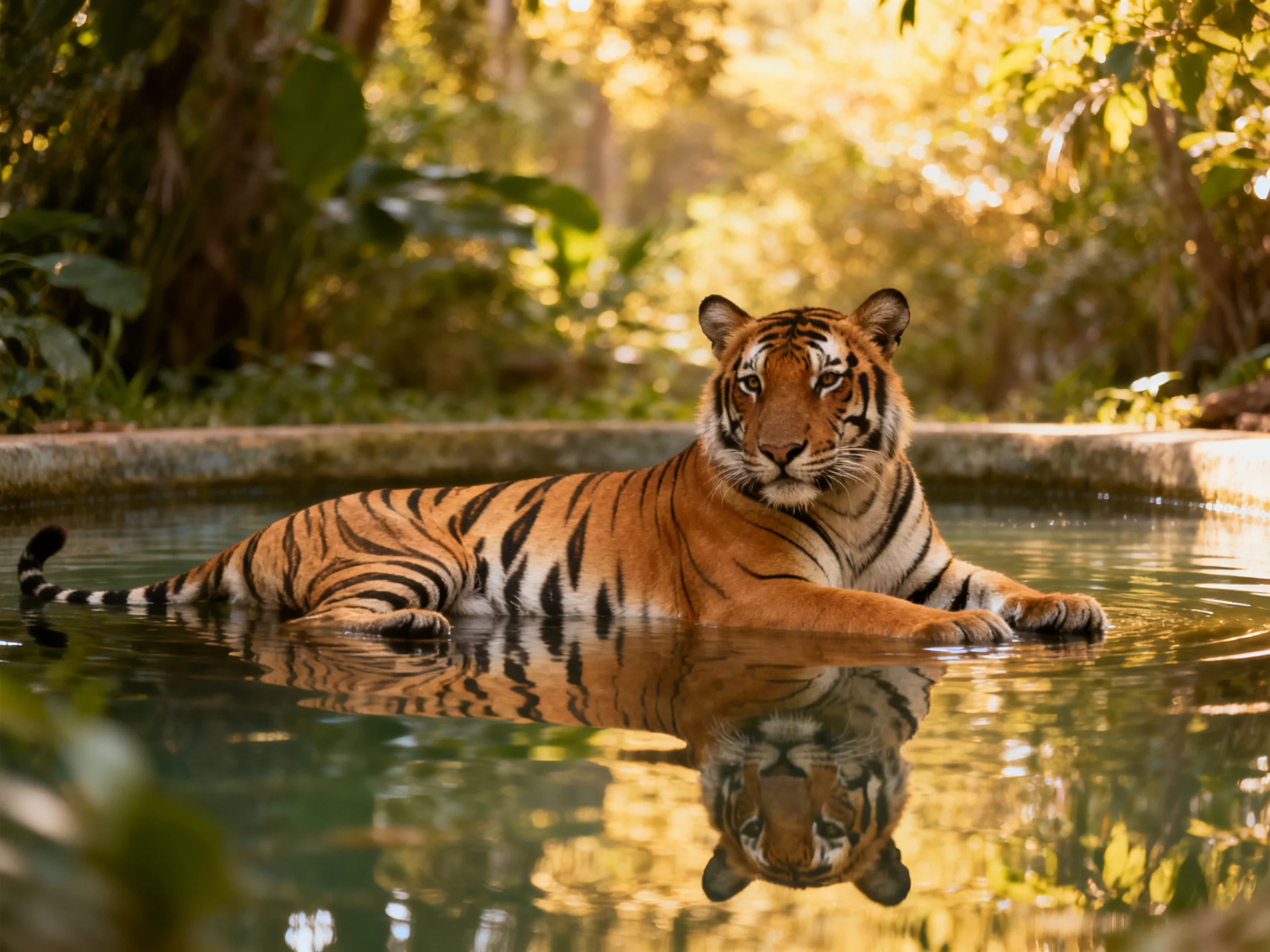 A tiger rests in calm water surrounded by nature