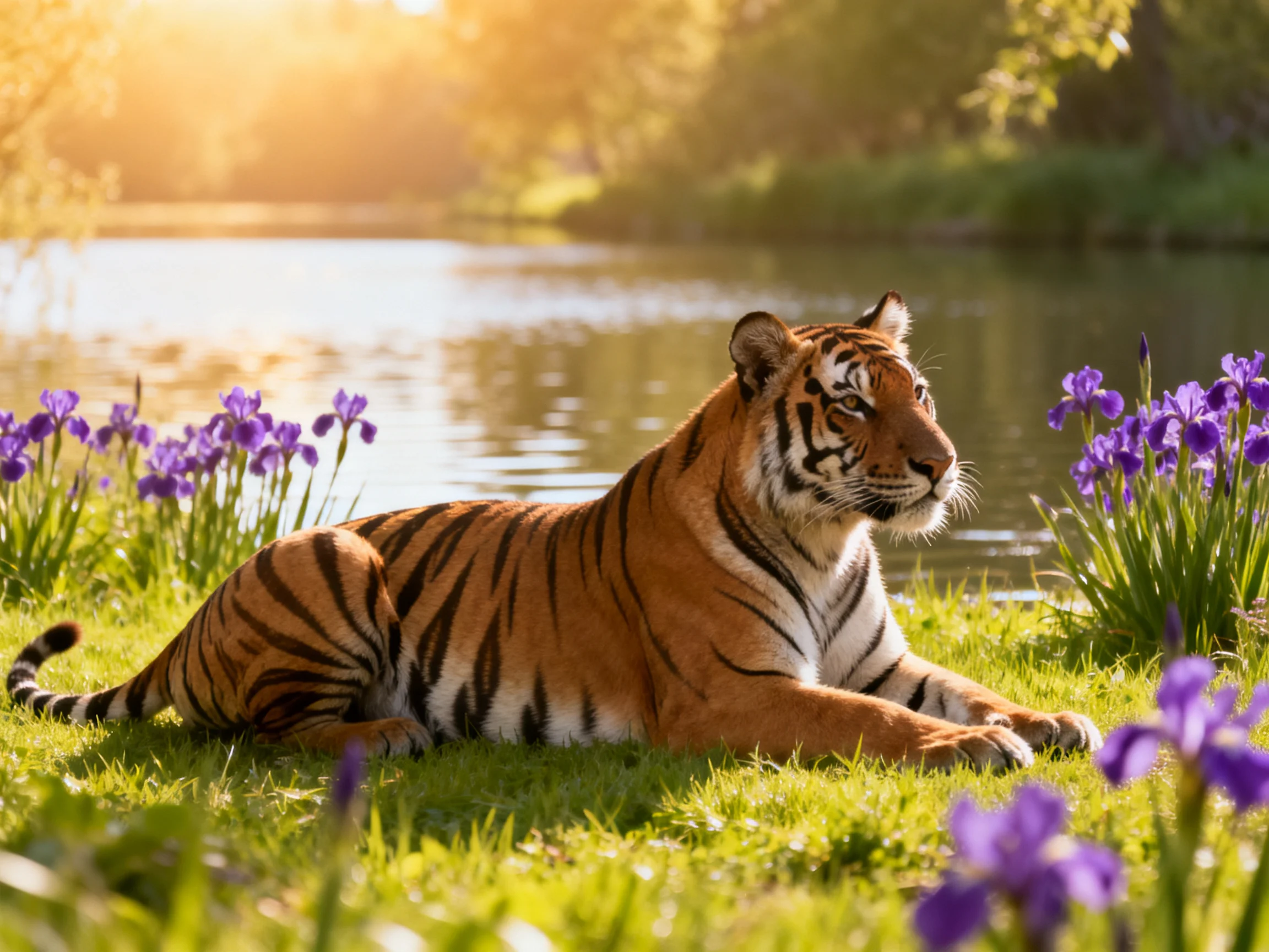 A tiger relaxes on grass near a river, surrounded by purple flowers under sunlight.