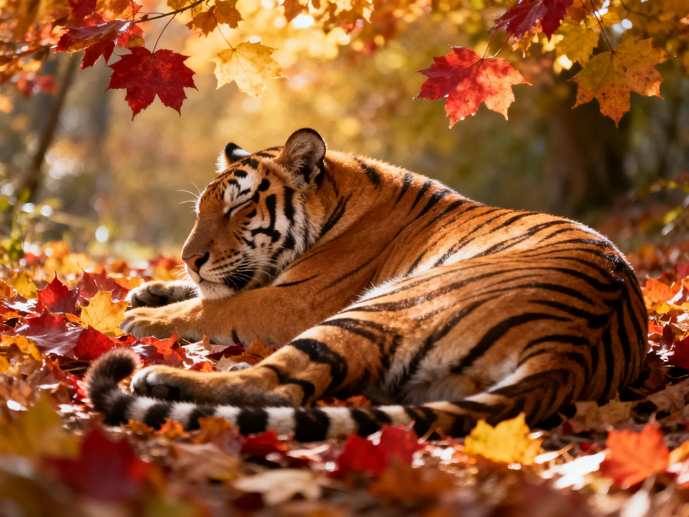 A tiger lies calmly among fallen autumn leaves in a sunlit forest.