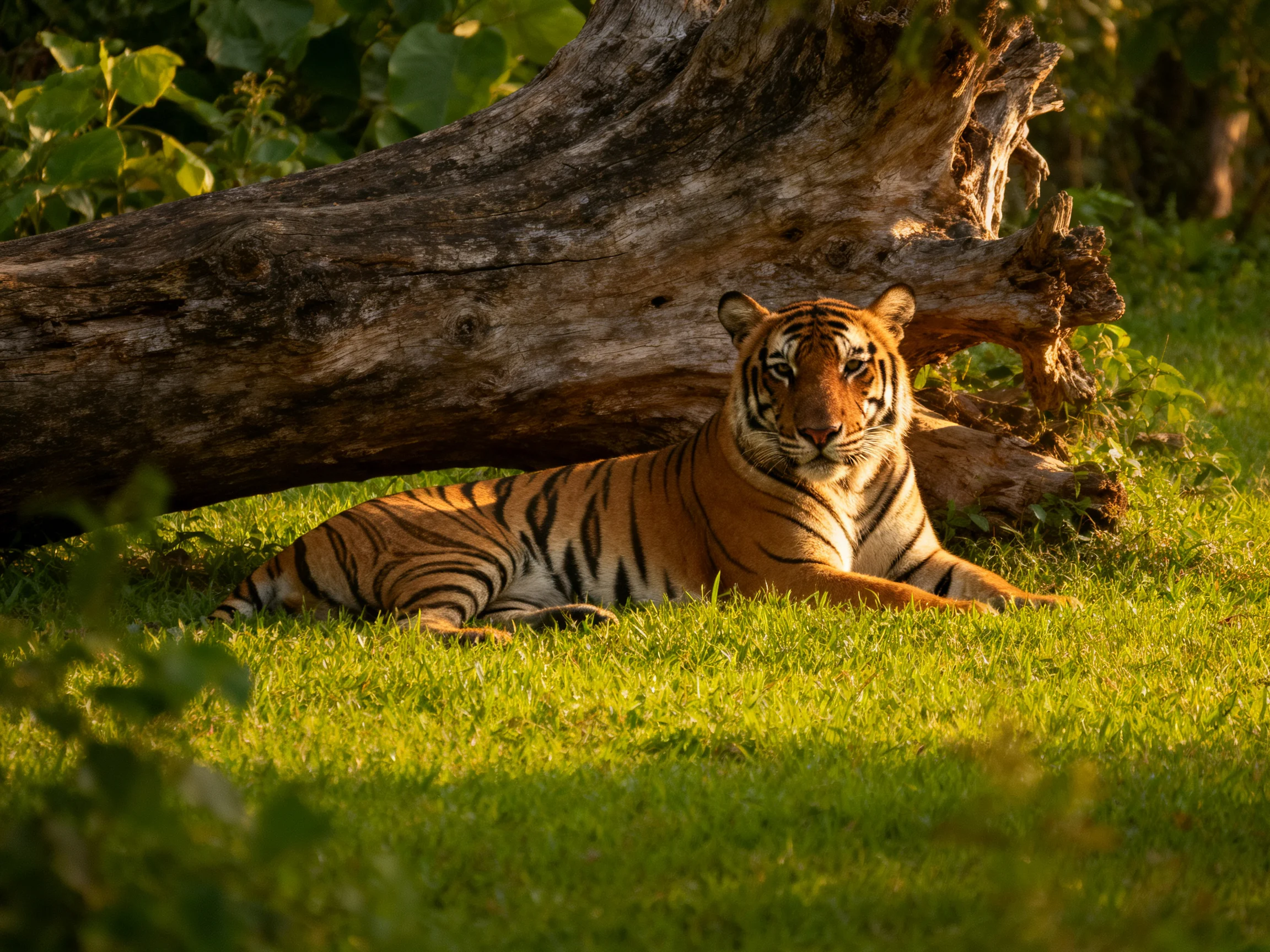 A tiger relaxes beside a large fallen log on green grass.