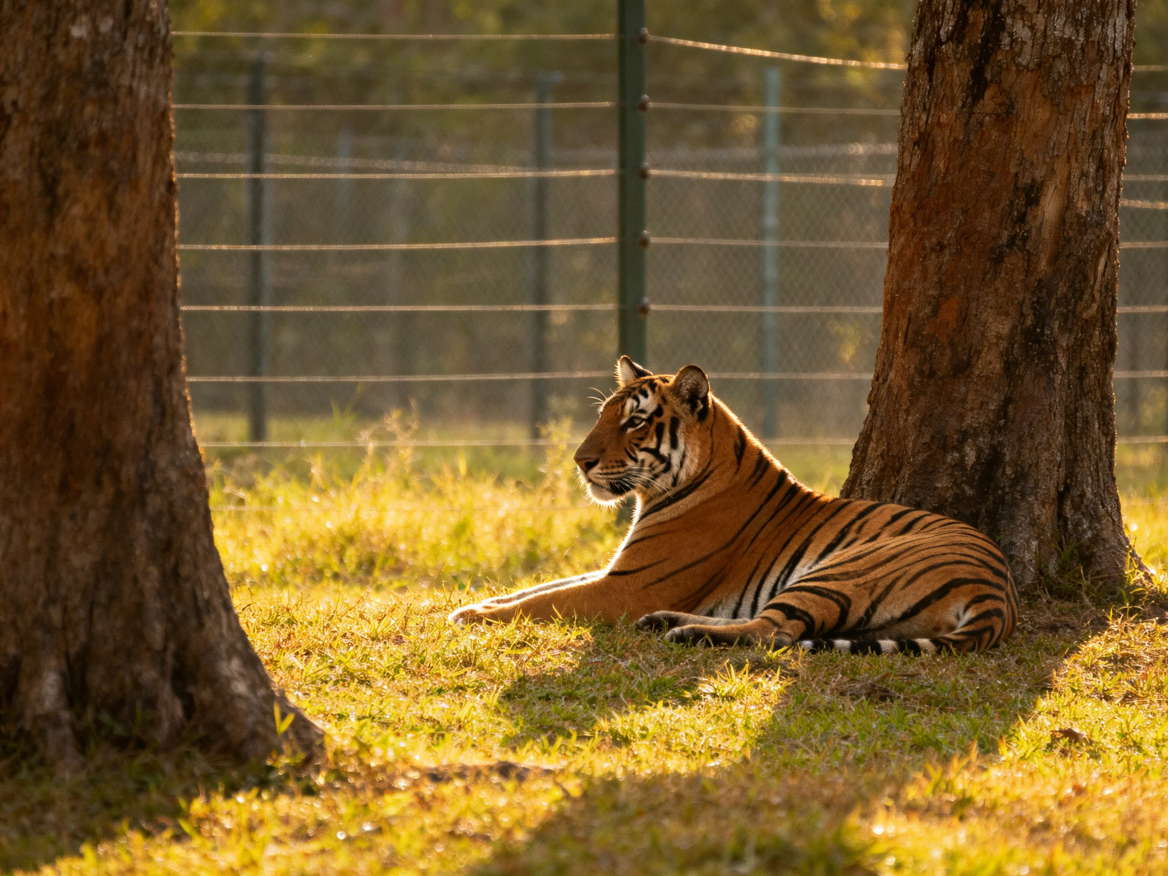 A tiger lies near two trees on sunlit grass.