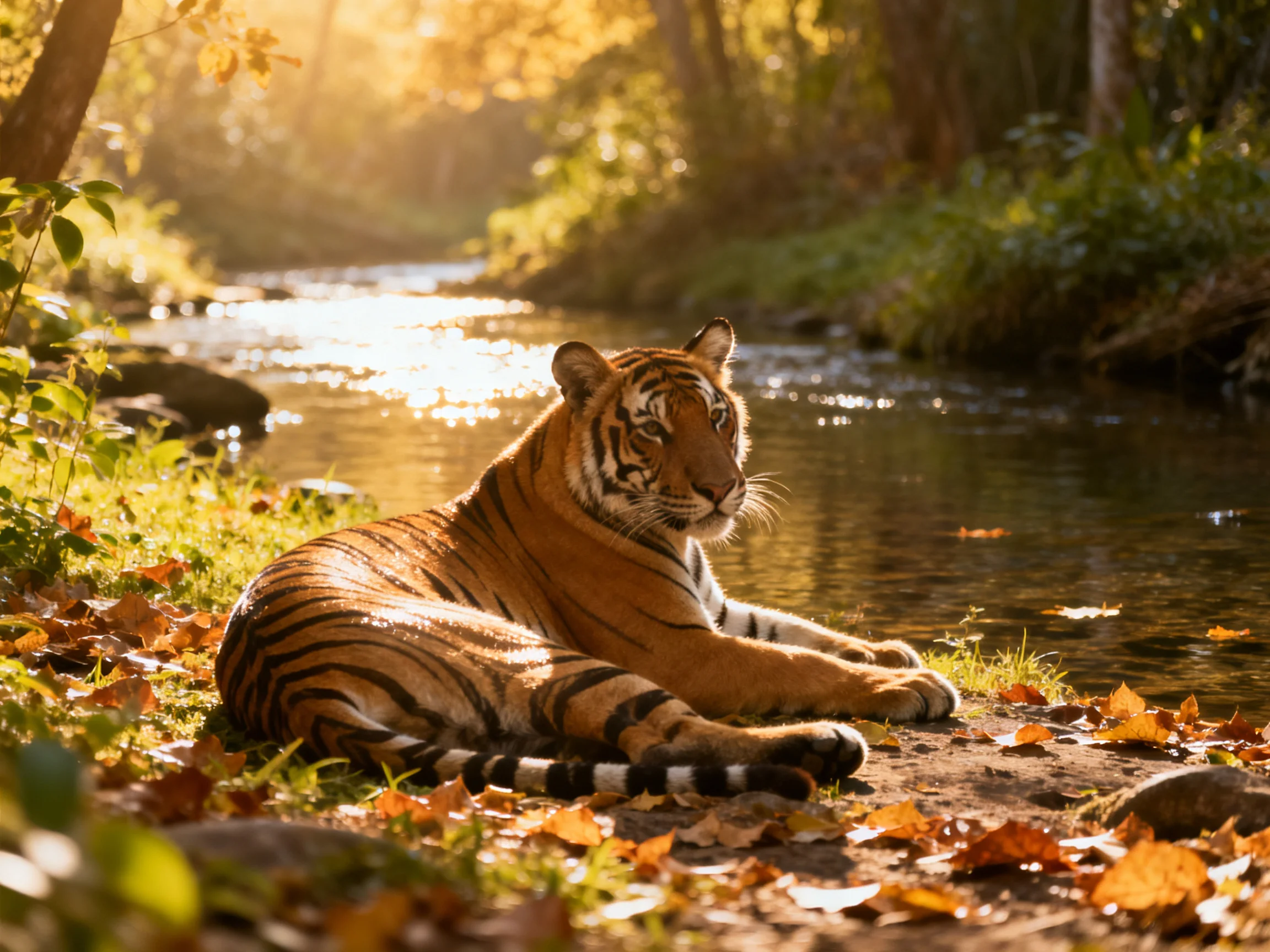 A tiger relaxes by a sunlit stream in an autumn forest.