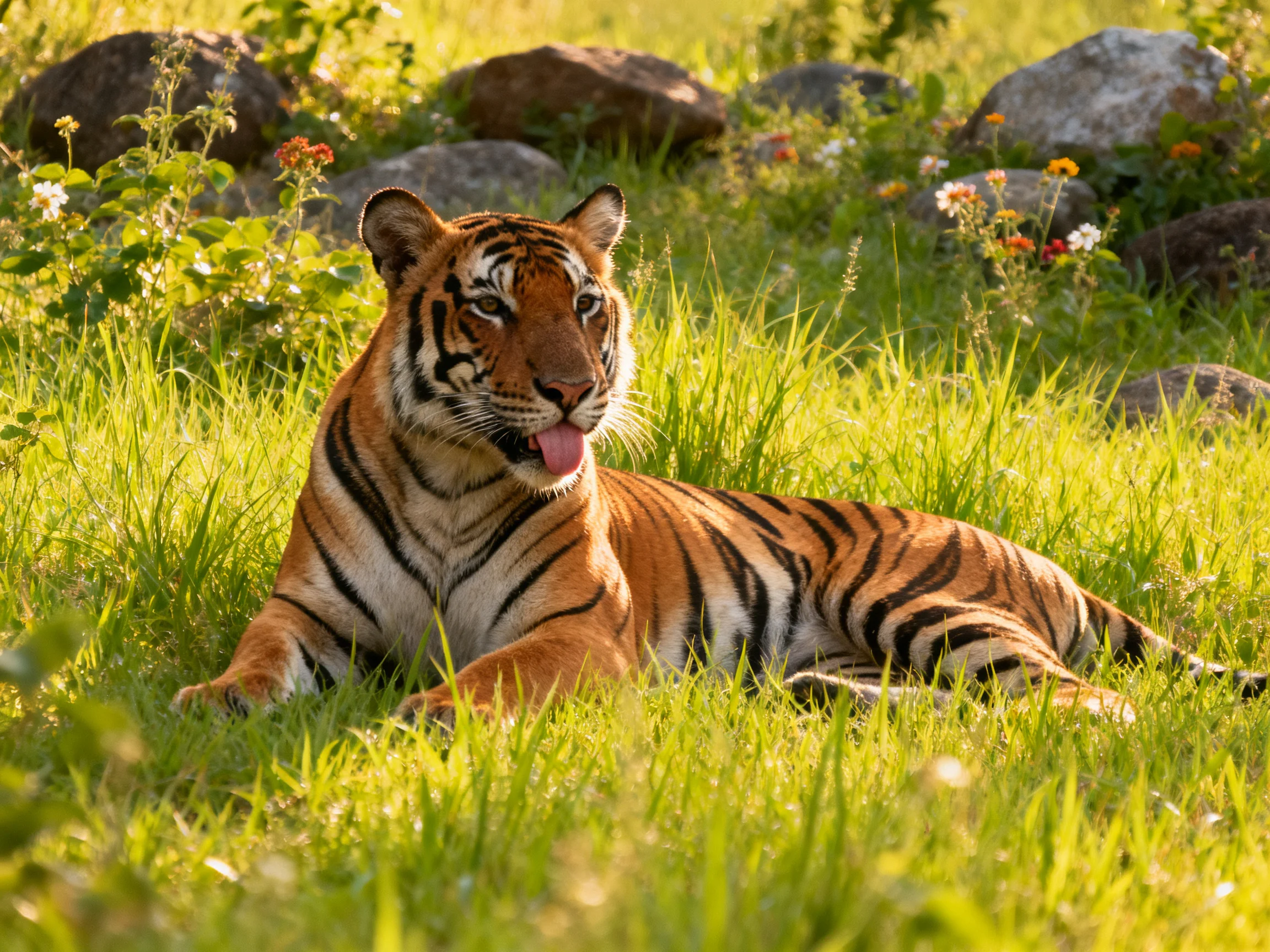 A tiger relaxes in a grassy area with rocks and flowers.
