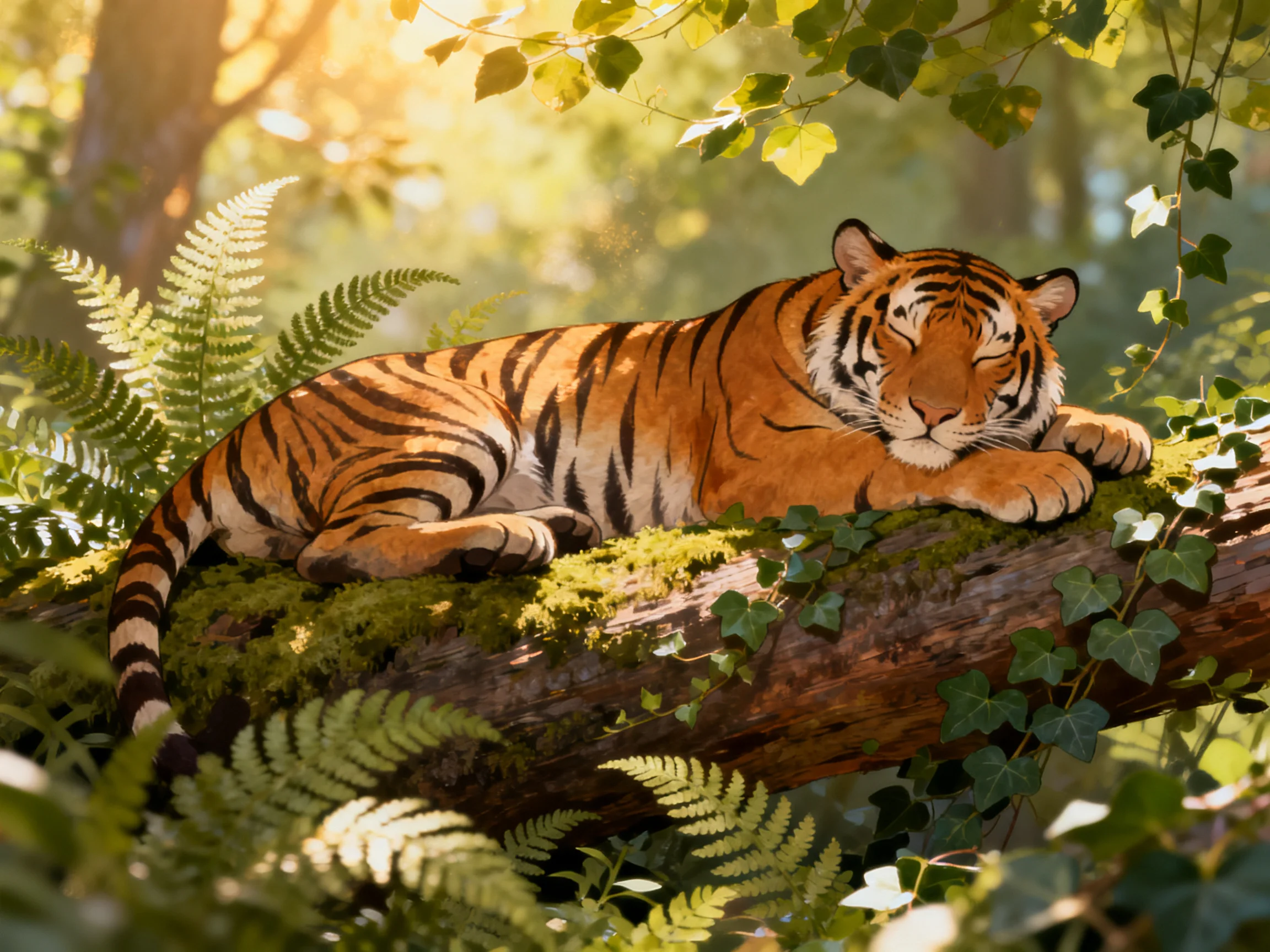A tiger lies on a mossy log surrounded by dense foliage in a sunlit forest.