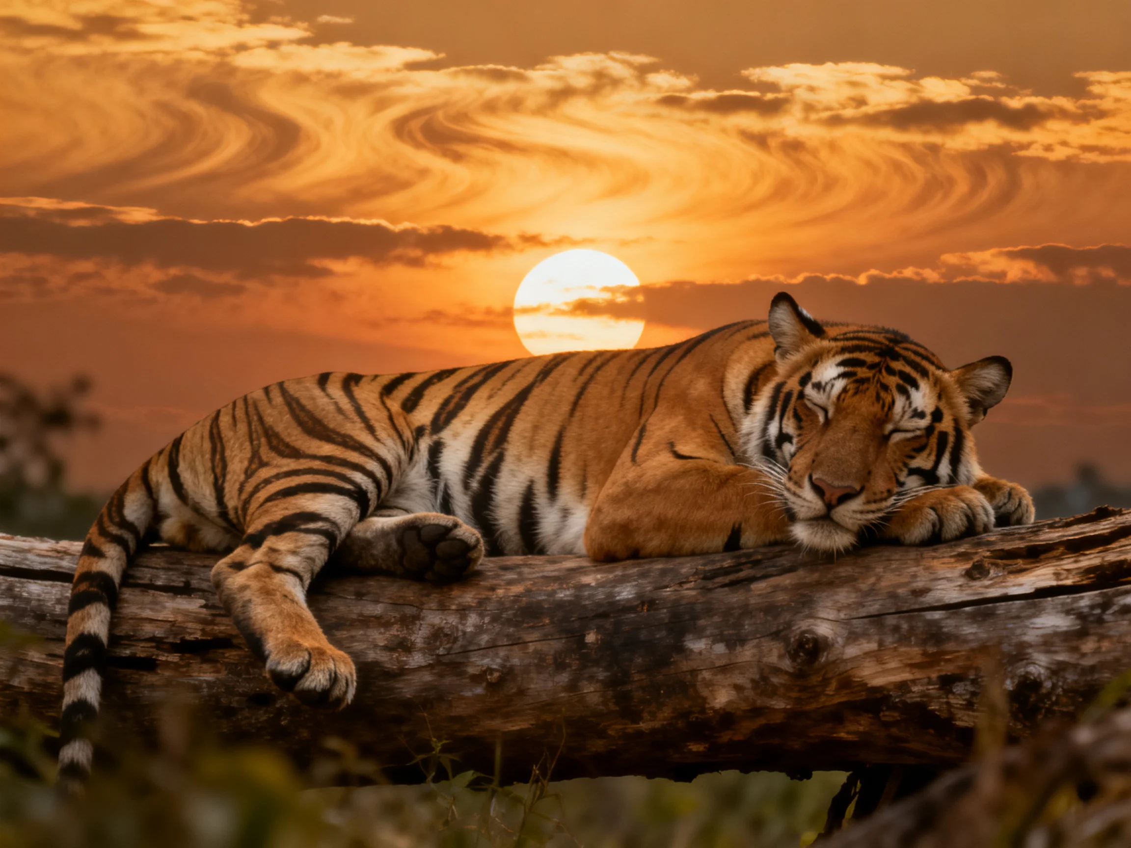 A tiger rests on a weathered log under a golden sunset sky