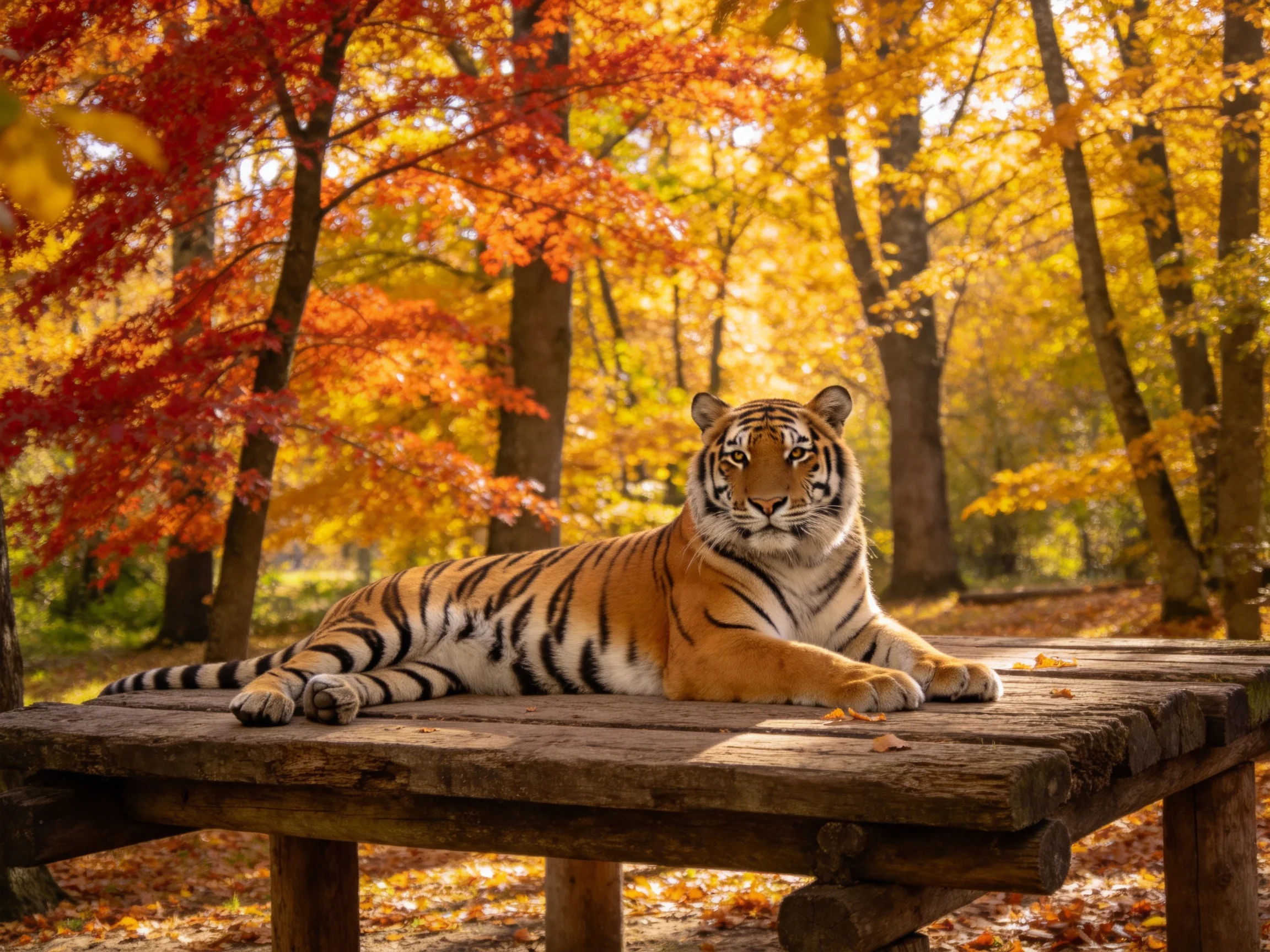 A tiger rests on a wooden platform amid vibrant fall foliage