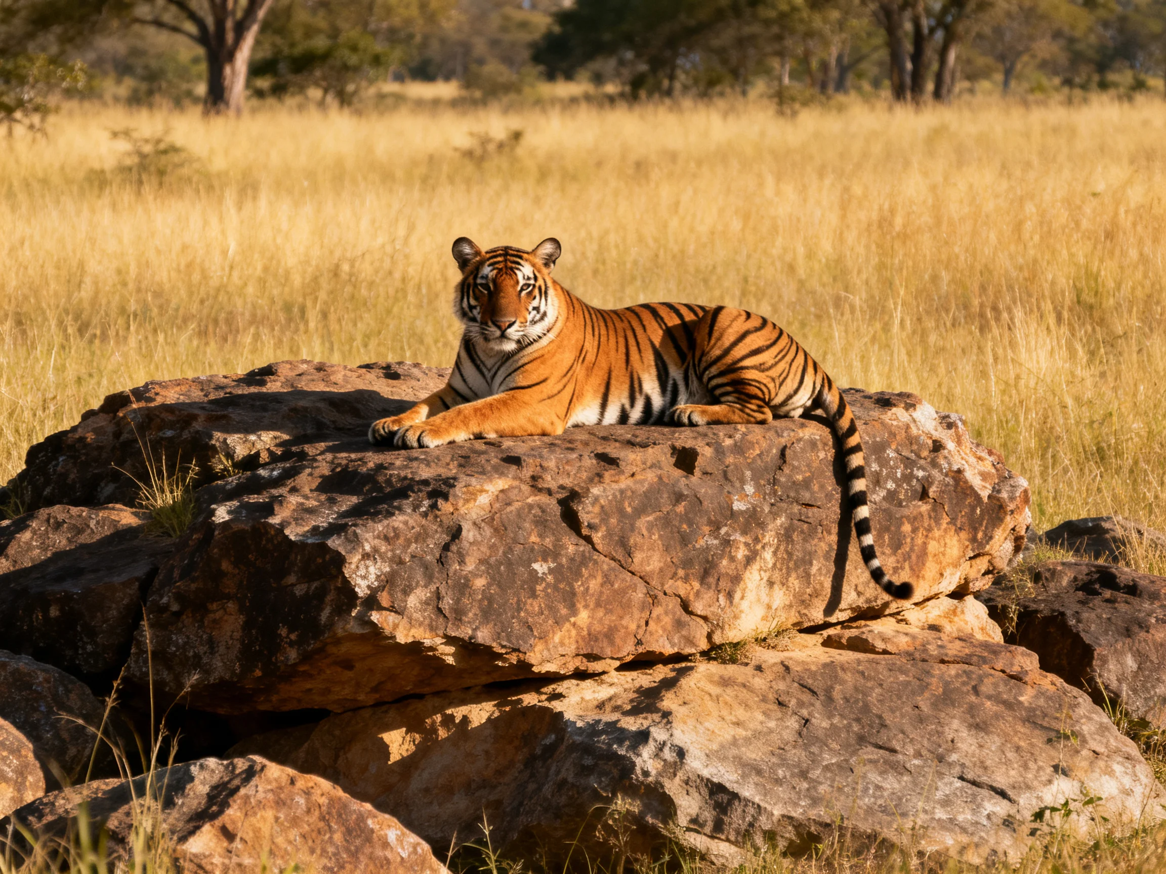 A tiger lies on rocks in a golden savannah setting.