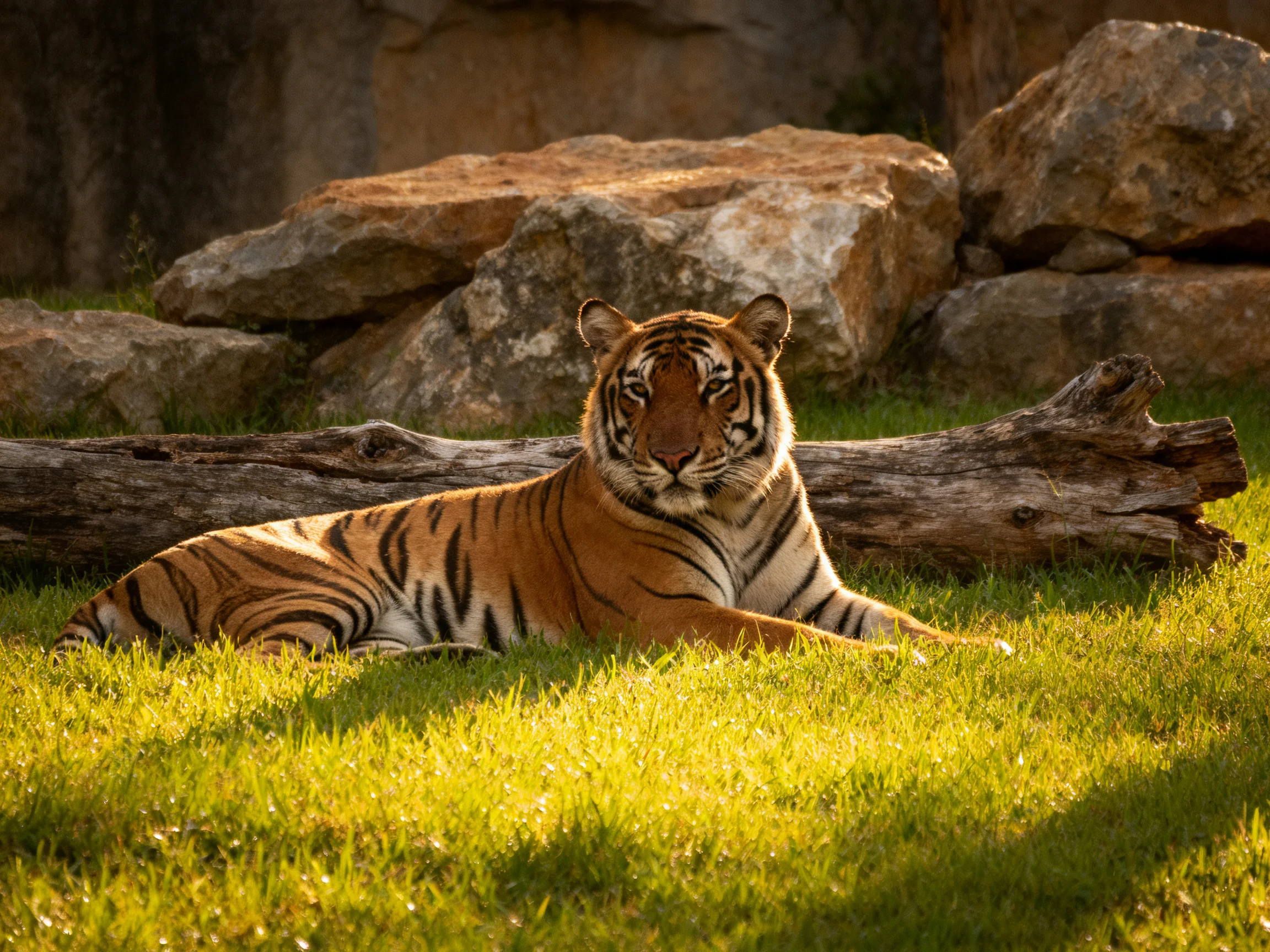 A tiger rests on grass near rocks and a log