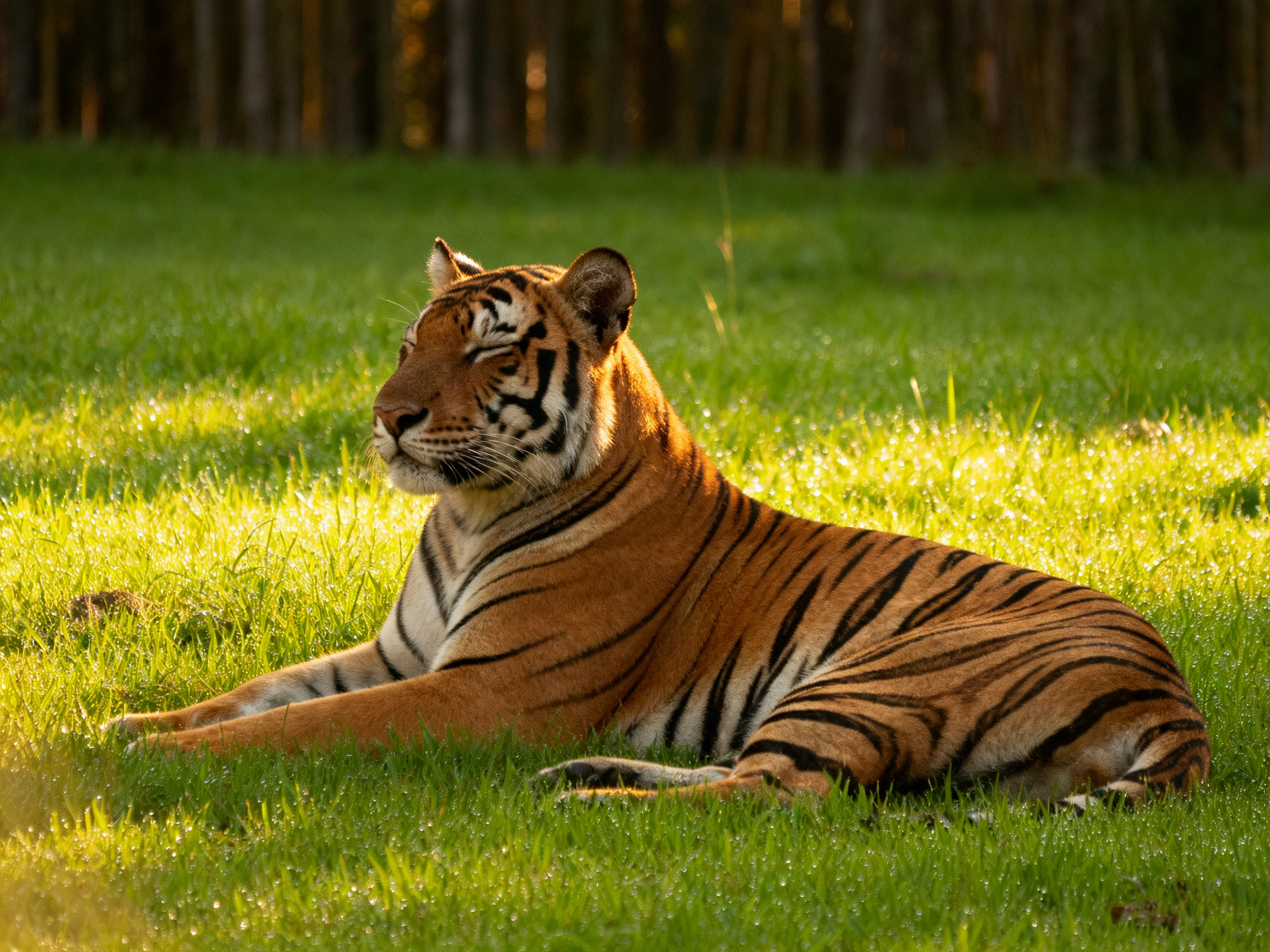 A tiger relaxes on green grass in a sunlit area with trees.
