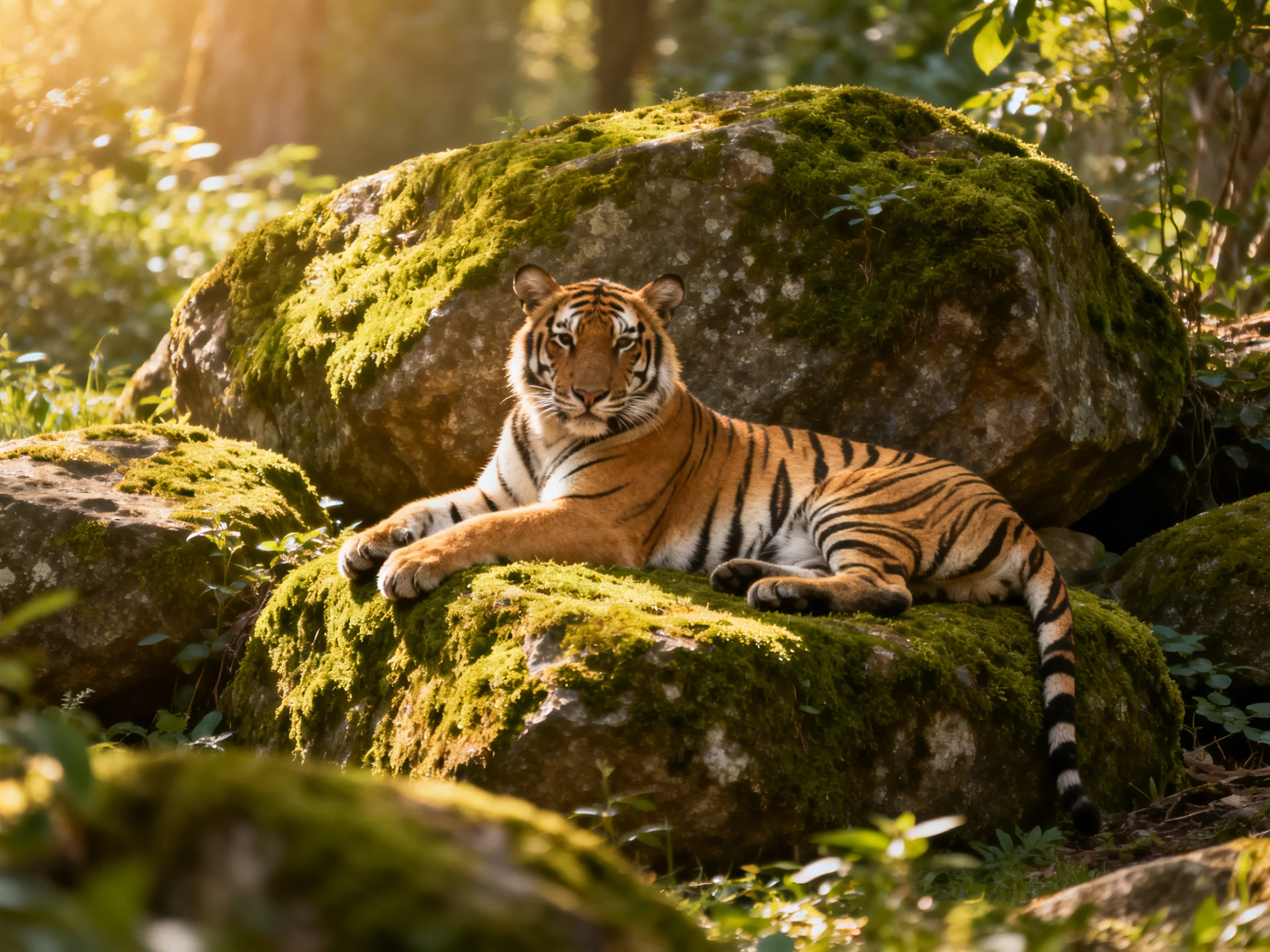 A tiger relaxes on mossy rocks amid lush greenery in a sunlit forest.