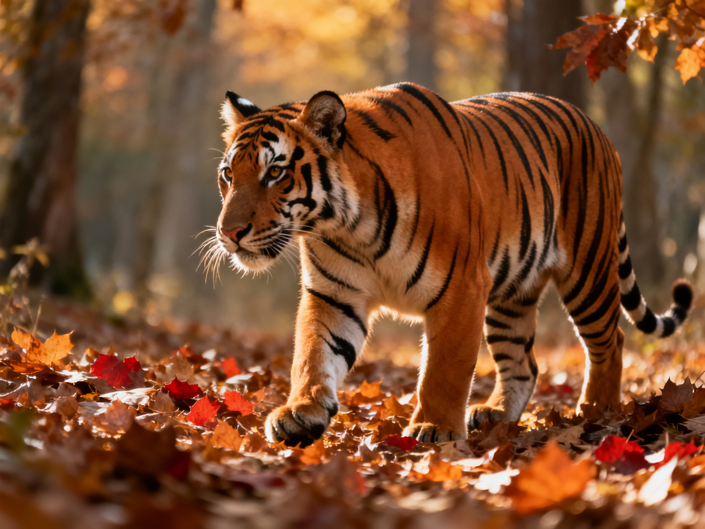 A tiger moves among colorful autumn leaves in a sunlit forest.