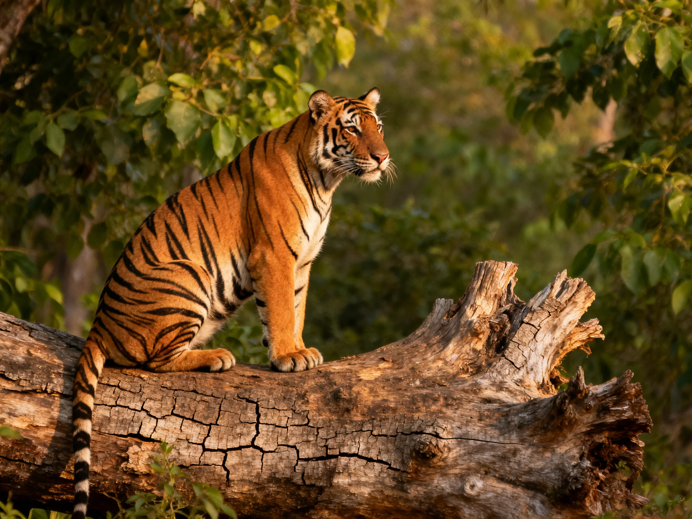 A tiger sits on a large cracked log amid dense green trees
