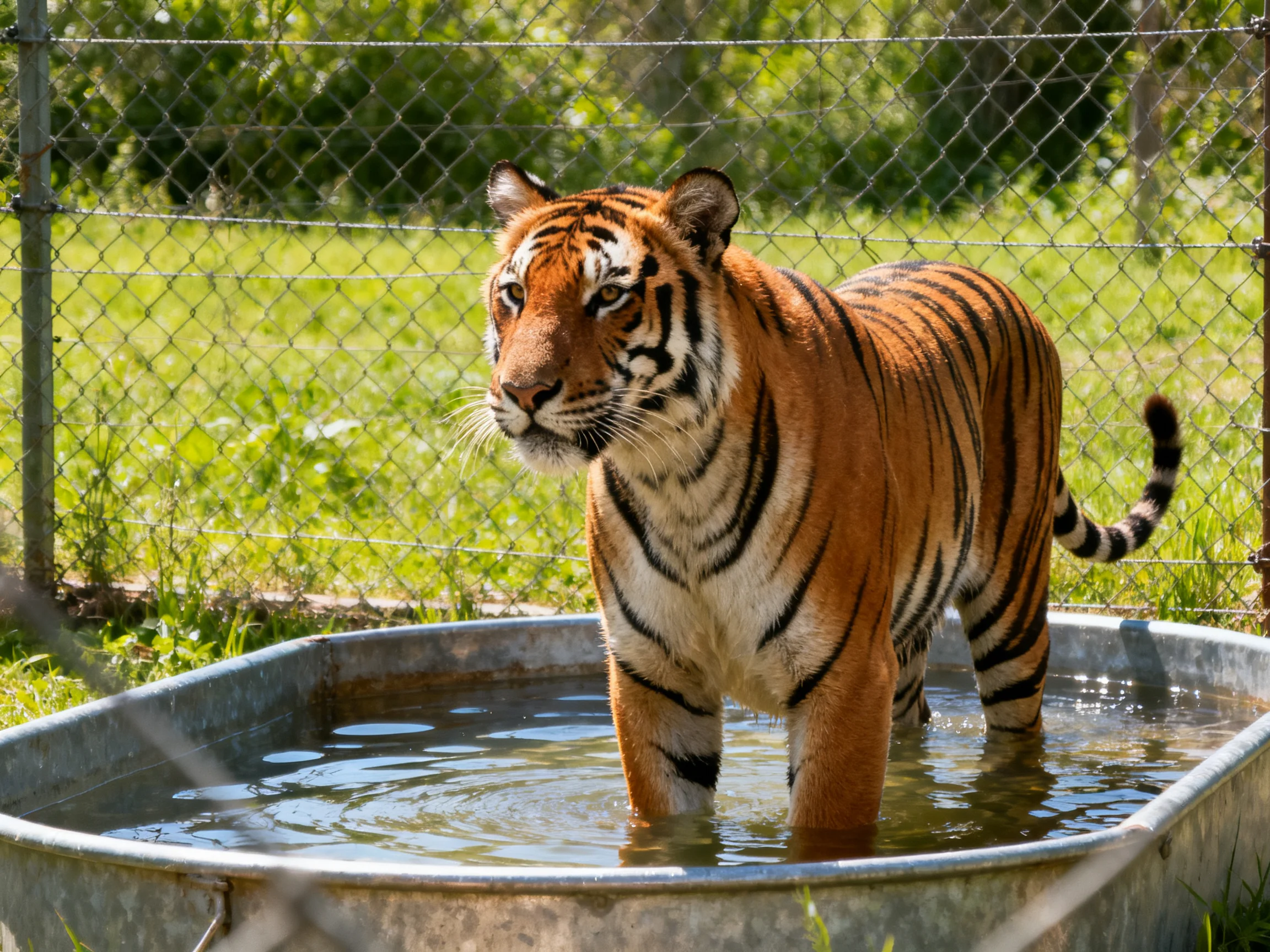 A tiger wades in a metal water tub next to a chain-link fence.