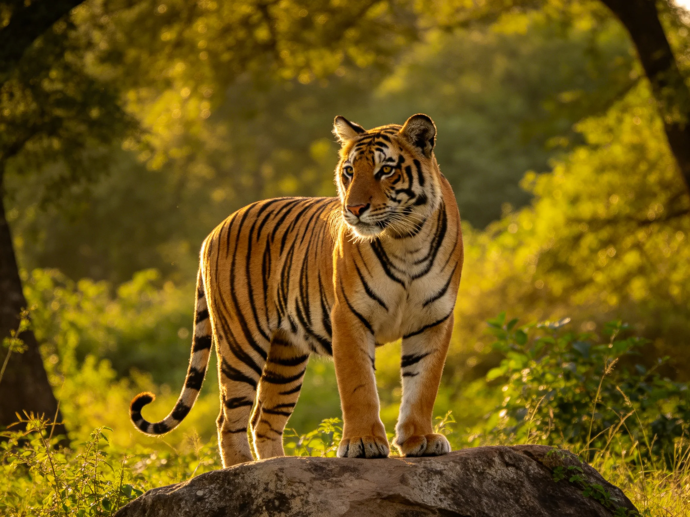 A tiger stands on a rock amid lush greenery illuminated by sunlight.
