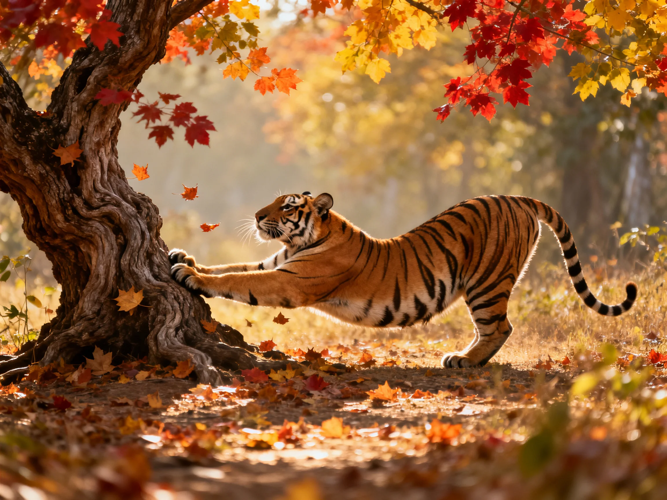 A tiger stretches against a gnarled tree with colorful fall leaves