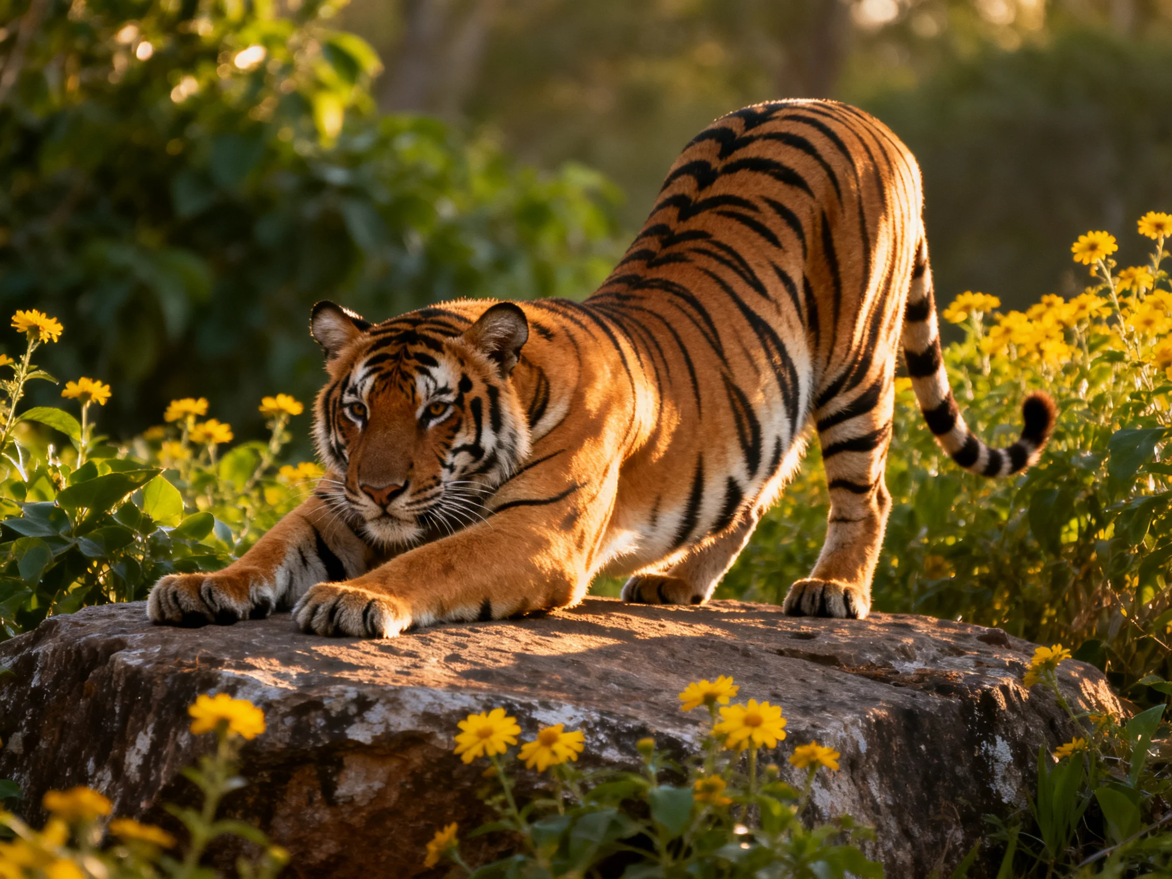 A tiger stretches forward on a rock surrounded by yellow flowers and greenery.