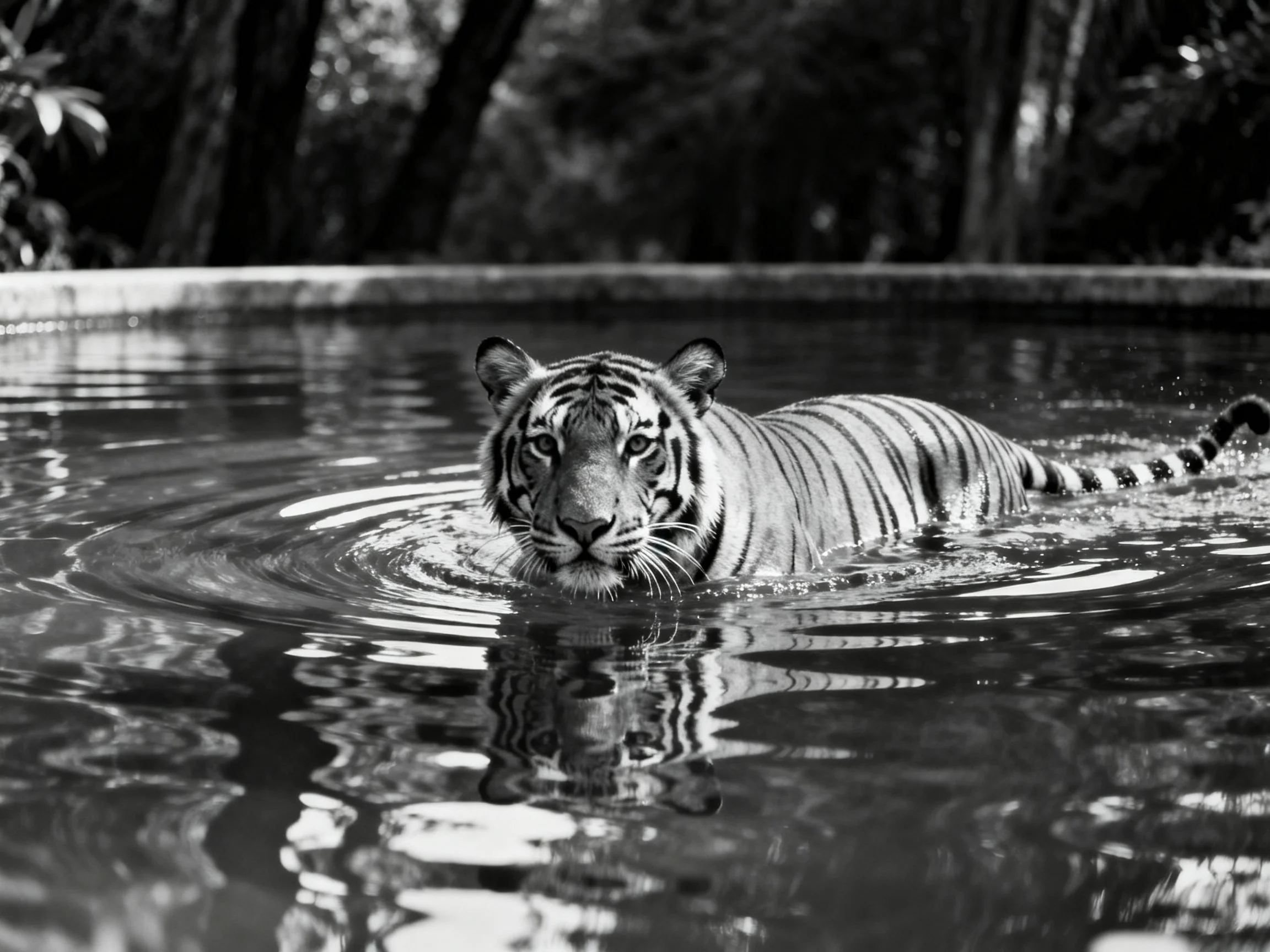 A tiger swims calmly in water with a forested background.