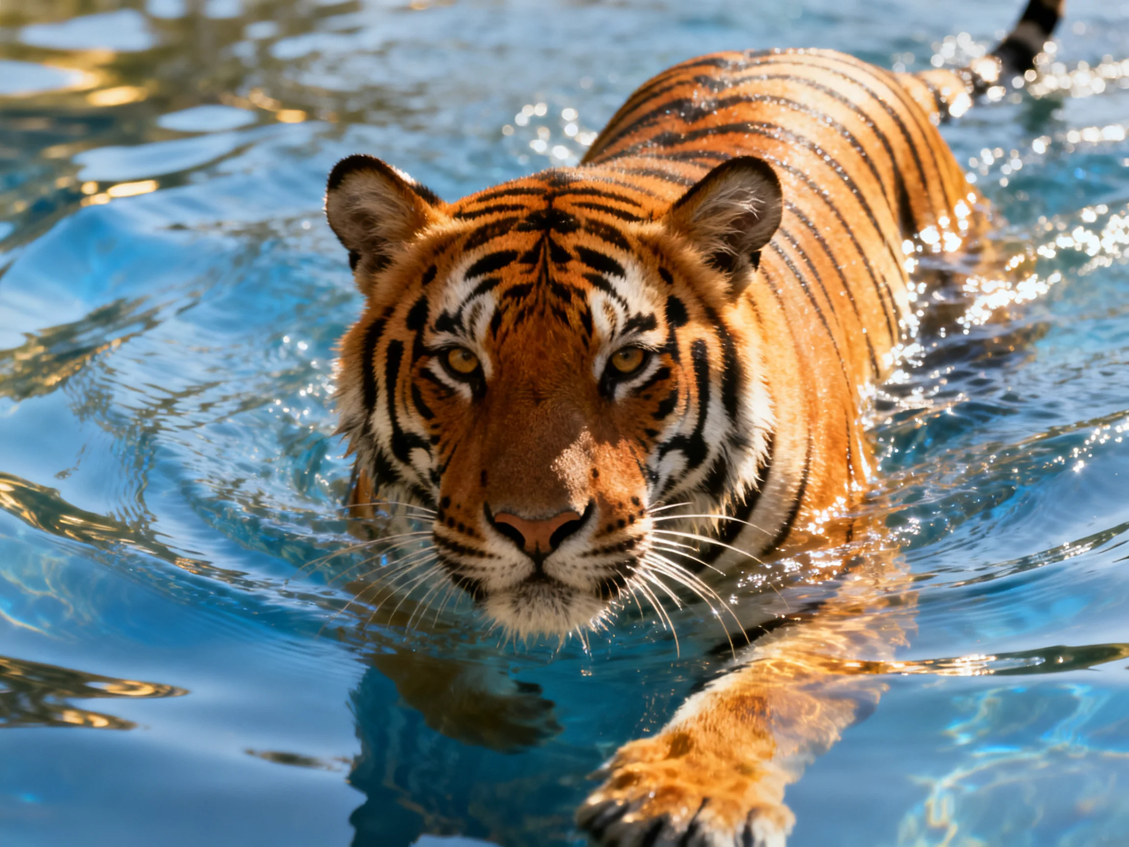 A tiger swims through clear blue water displaying its orange-striped coat.