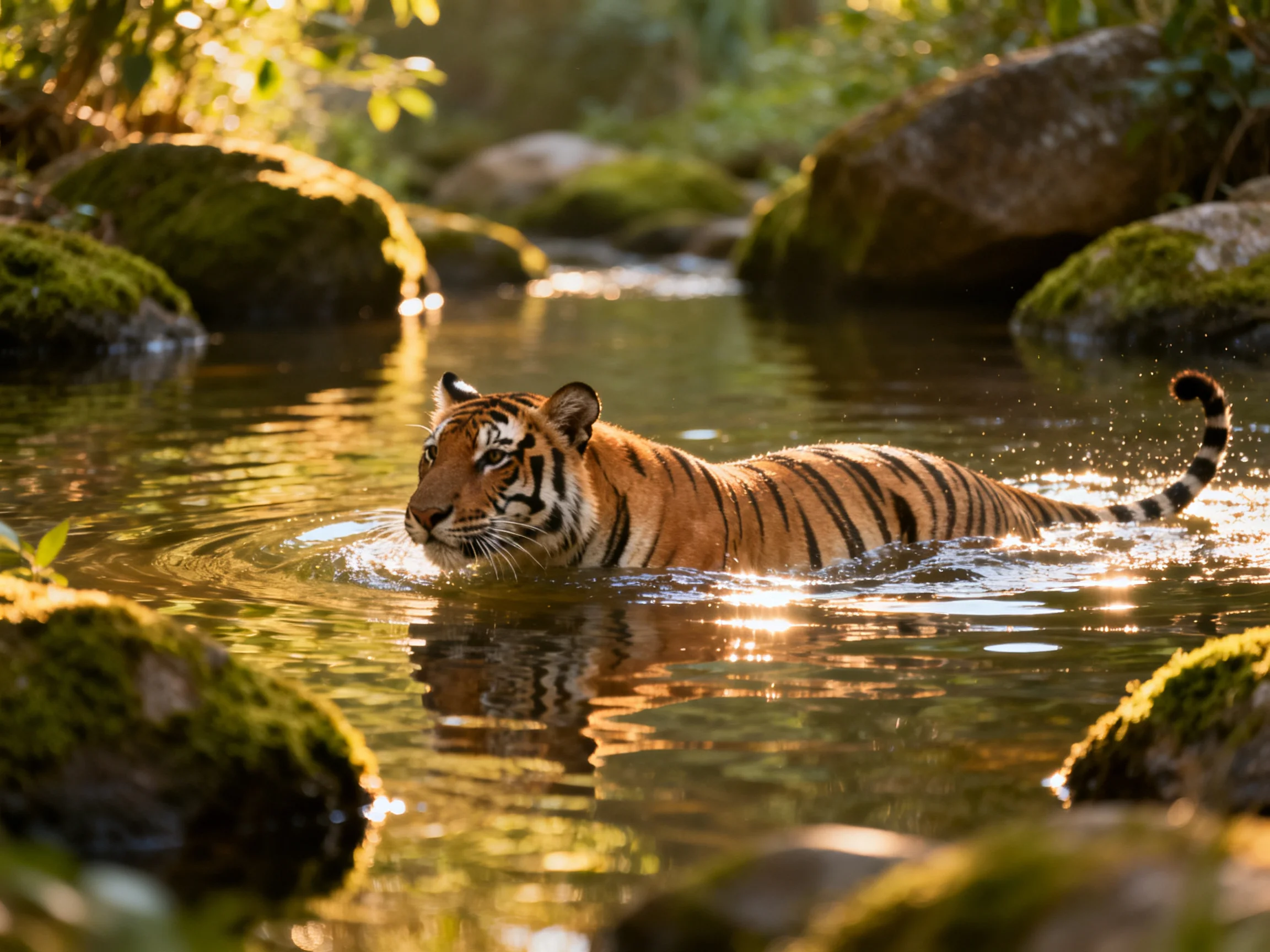 A tiger swims near moss-covered rocks in a sunlit stream.