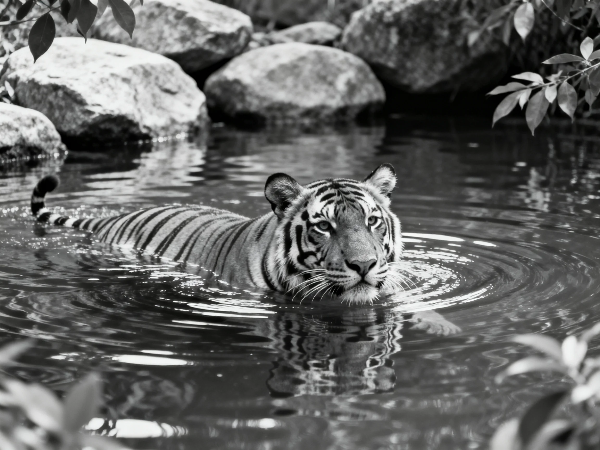 A tiger swims in calm water near rocky formations.