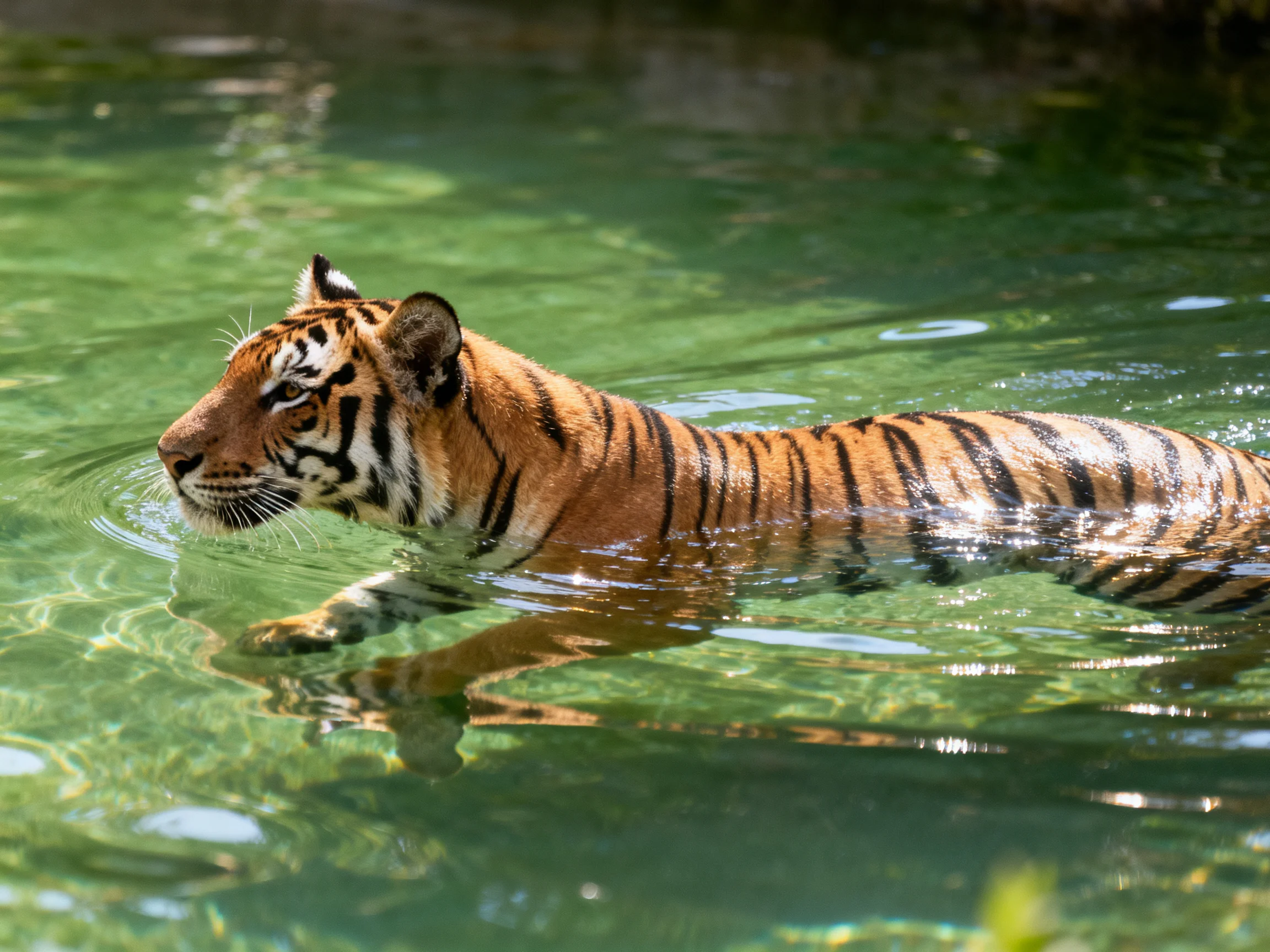 A tiger swims through clear green water with bold black stripes