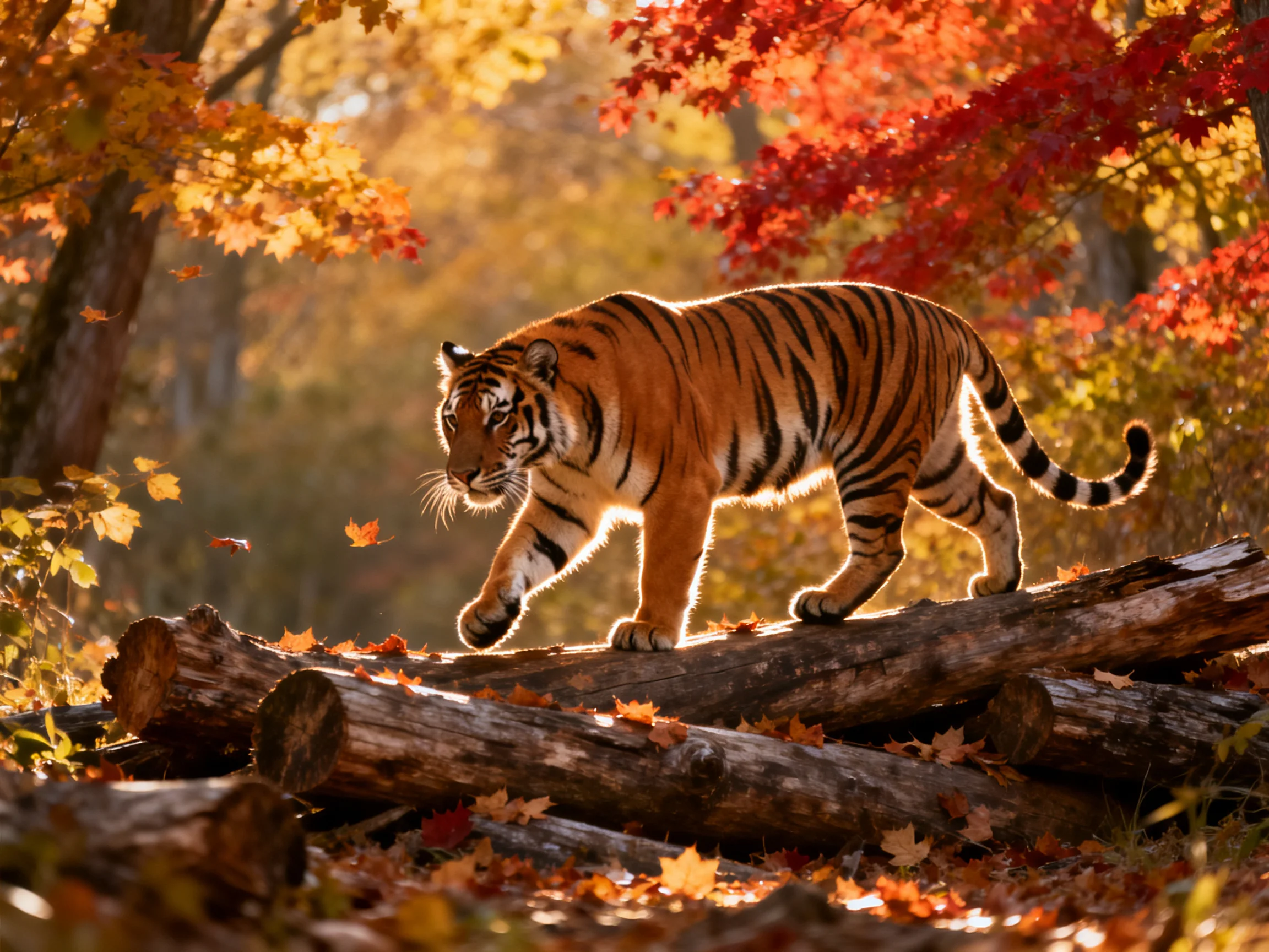 A tiger traverses fallen logs amid vibrant fall foliage