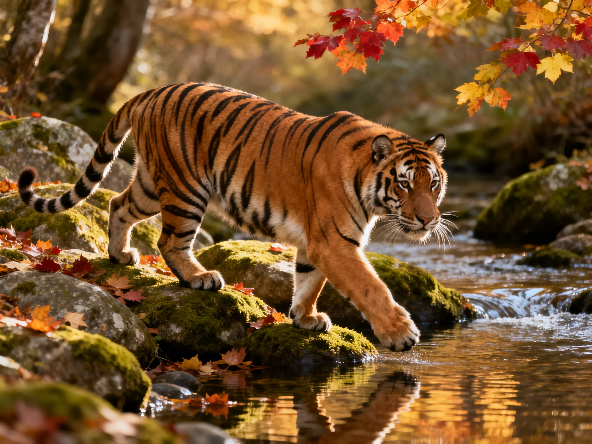 A tiger carefully moves across moss-covered rocks beside a stream with colorful fall foliage.
