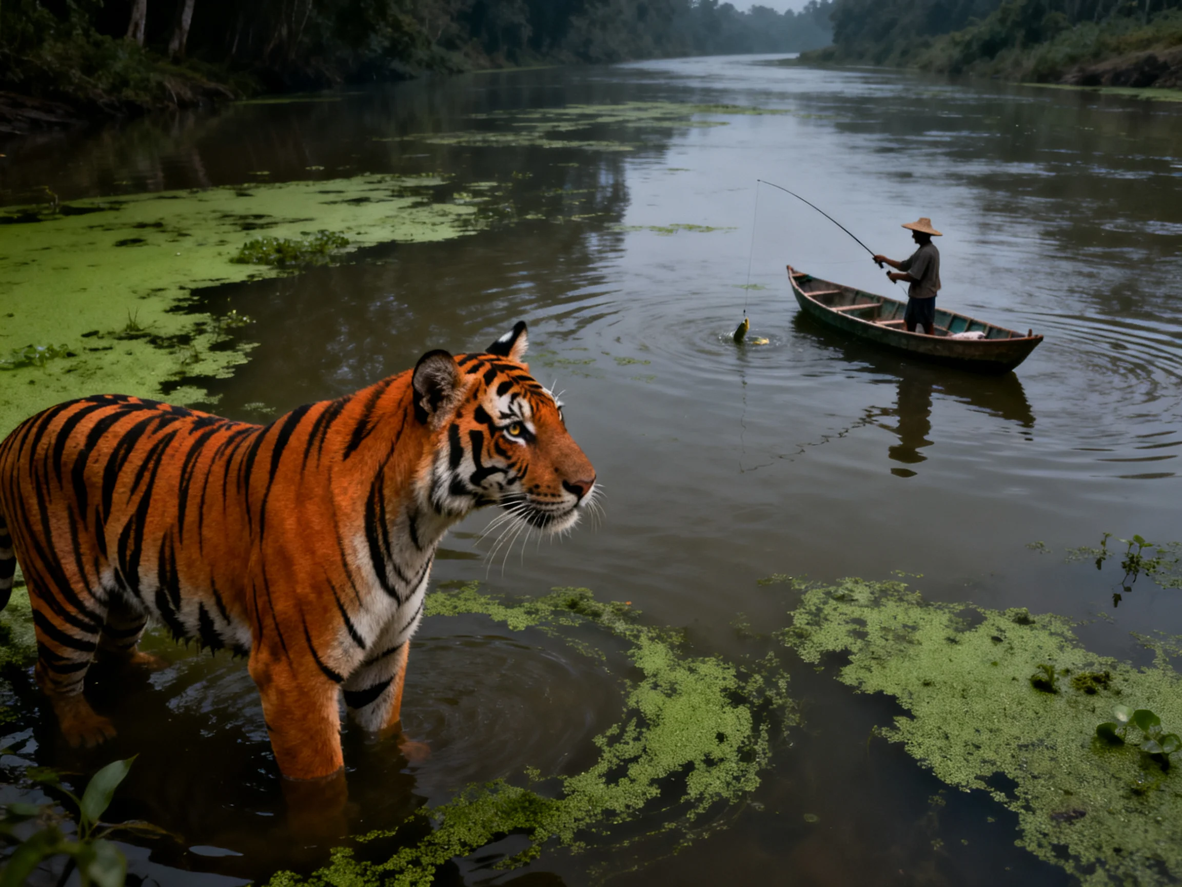 A tiger wades in an algal-filled river beside a fishermans wooden boat