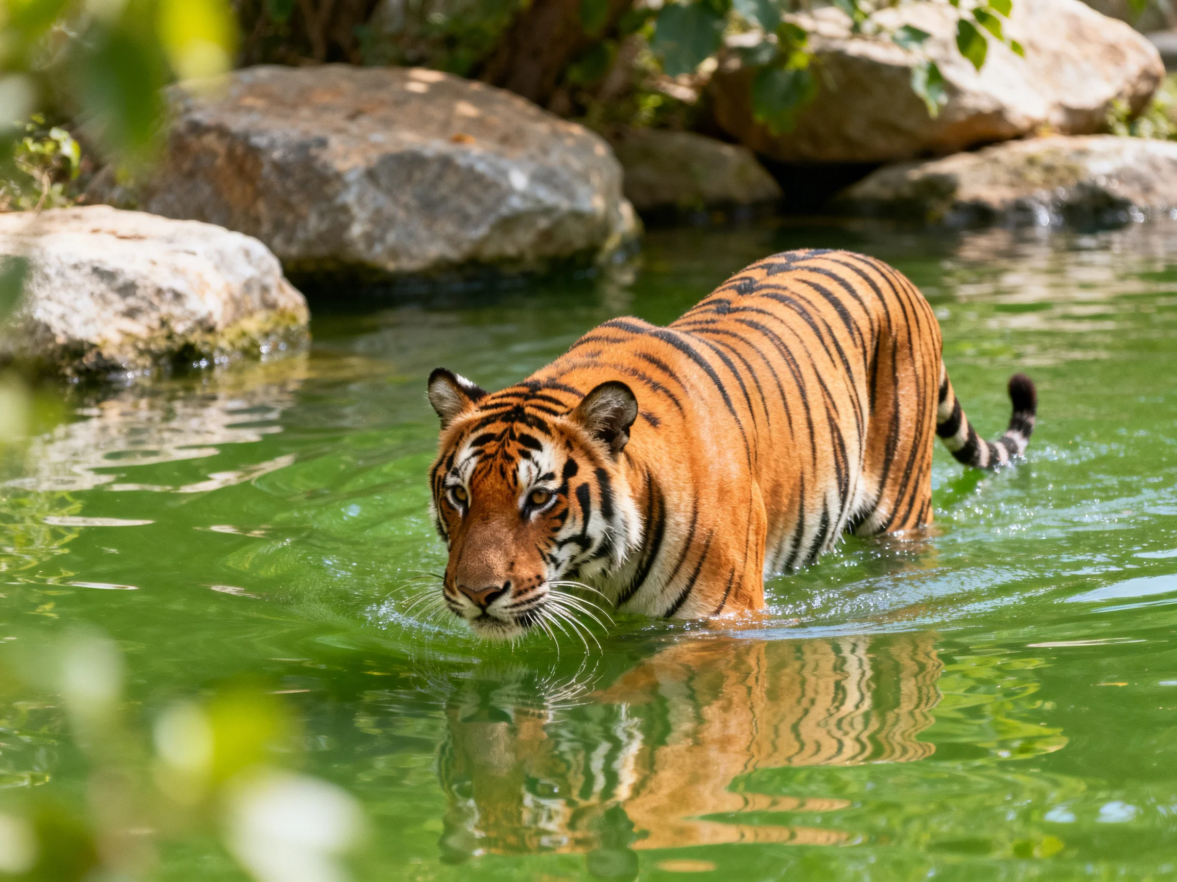 A tiger wades through clear green water near large rocks