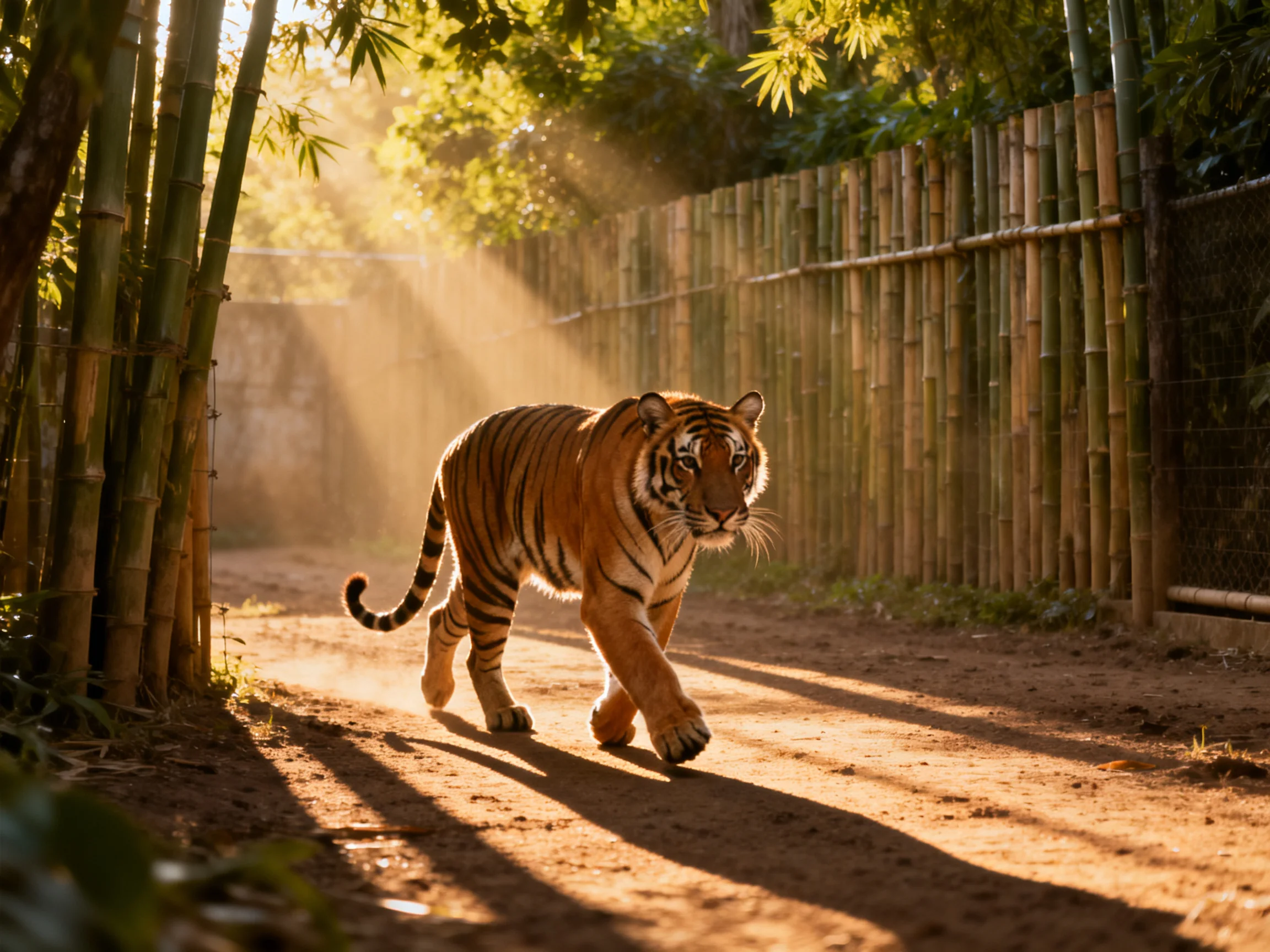 A tiger moves through a sunlit area with bamboo enclosures.