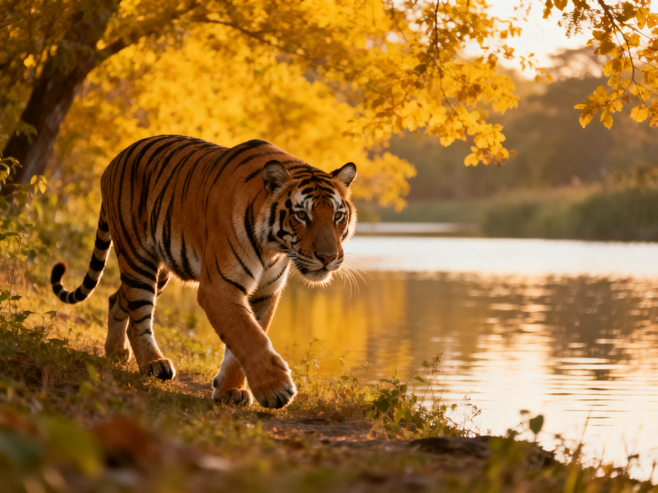 A tiger walks through golden autumn landscape by calm waters