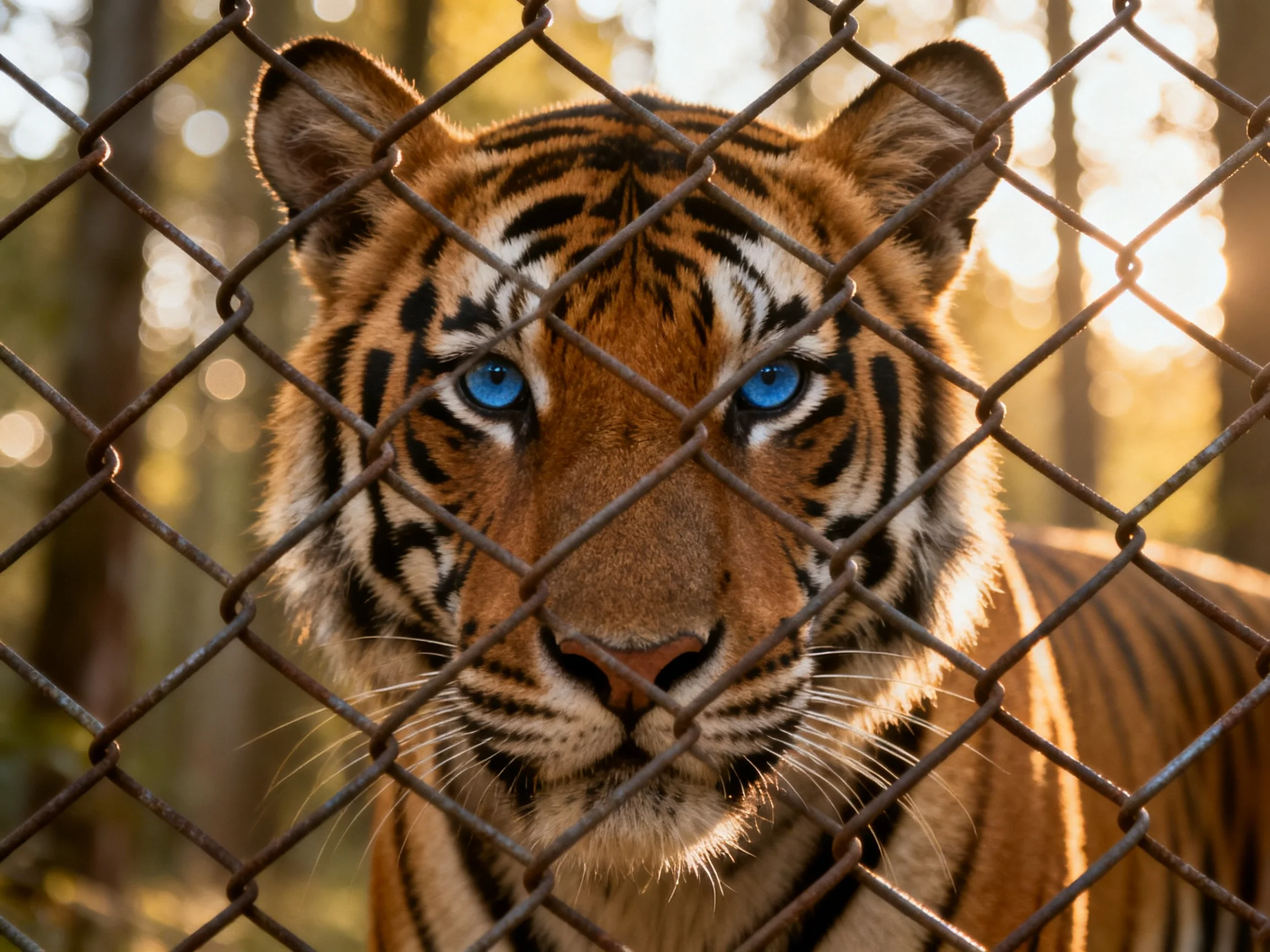 A tiger with blue eyes stands behind a chain-link fence in a sunlit area.