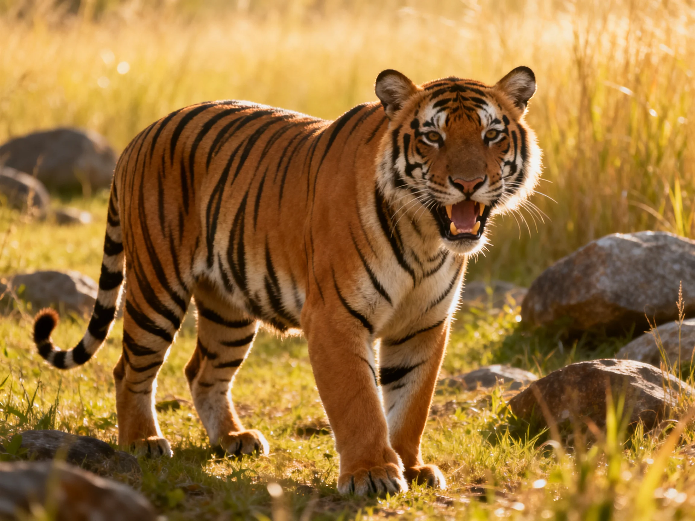 A tiger with bold black stripes in a sunlit grassy landscape