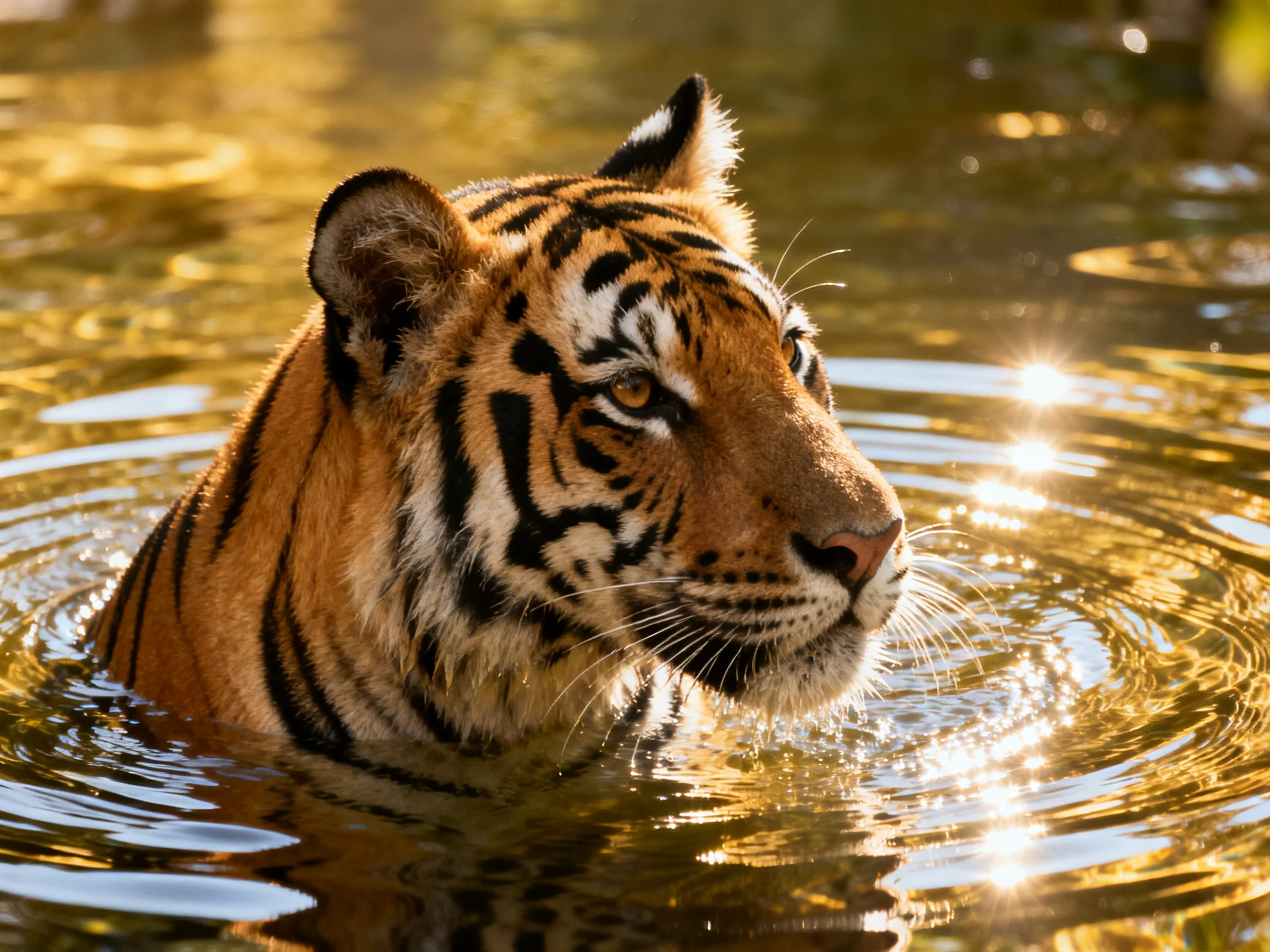 A tiger with striking orange and black markings moves through sunlit water.