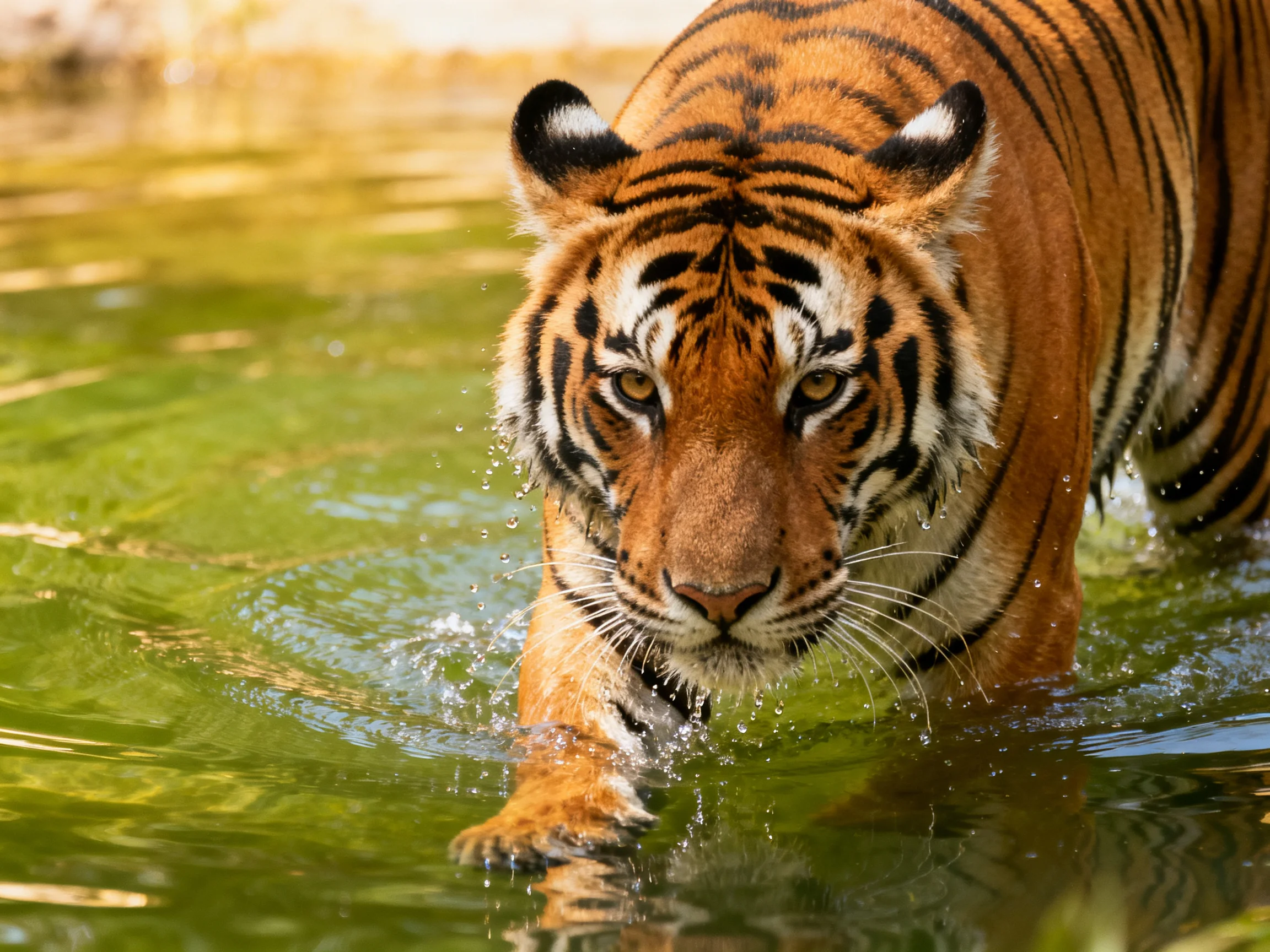A tiger with bold black stripes moves through greenish water