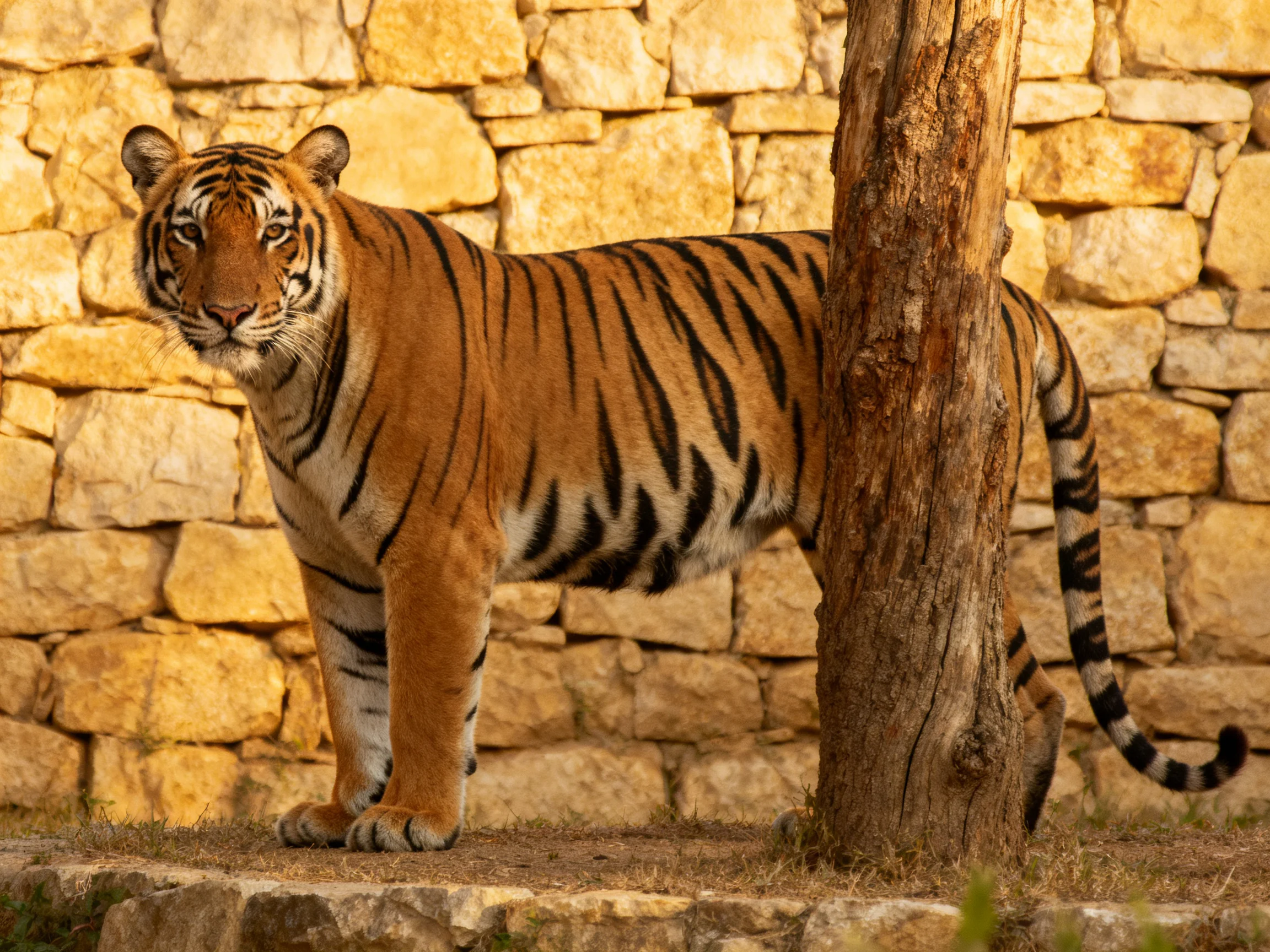A tiger with bold black stripes near a weathered treeby a golden stone wall