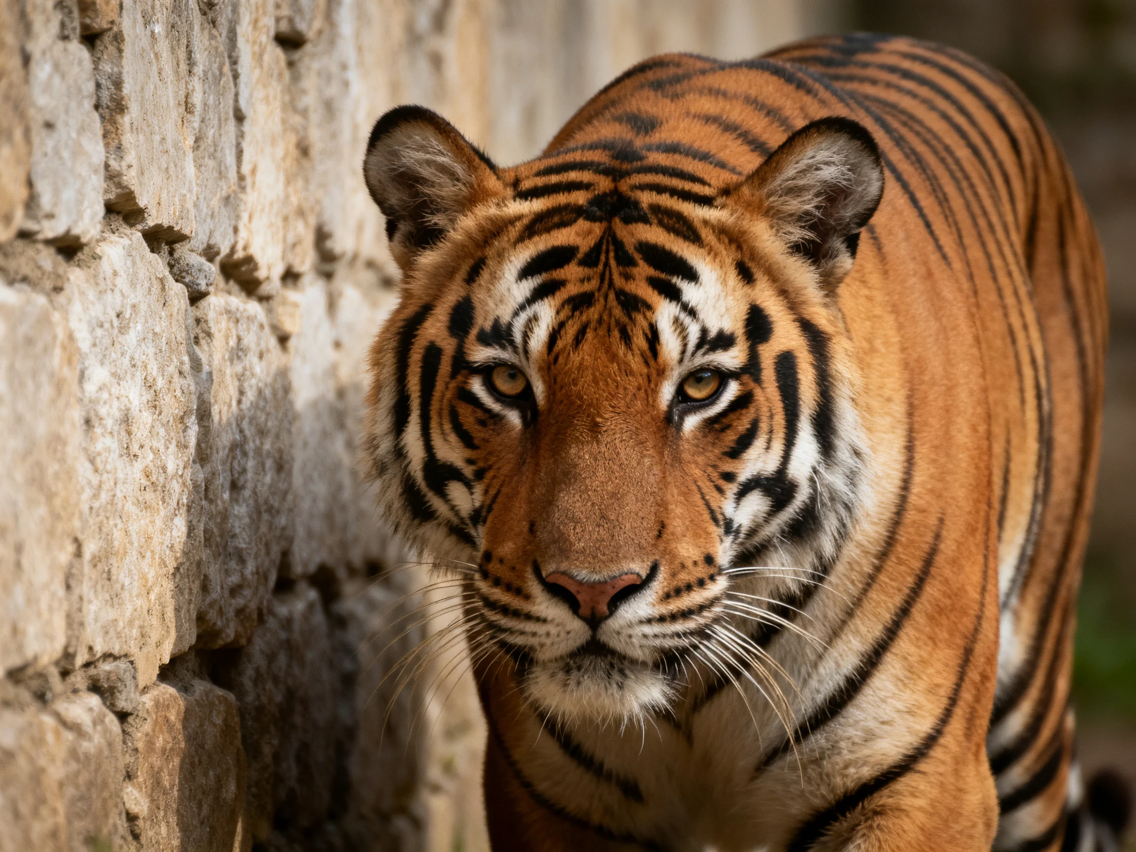 A tiger with striking black stripes stands next to a weathered stone wall.