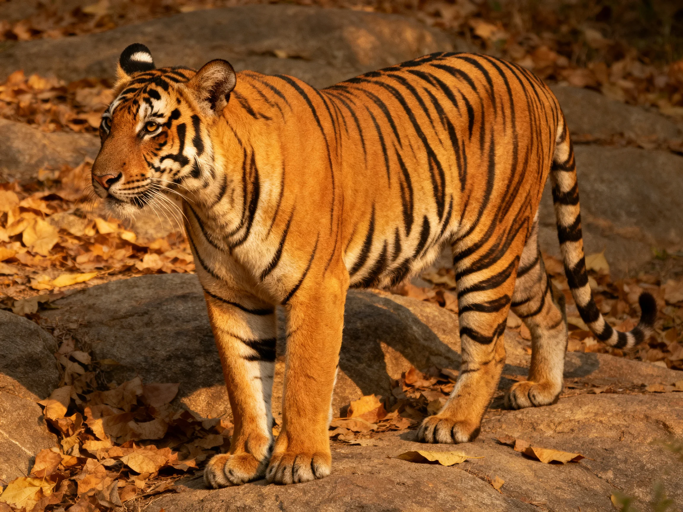 A tiger with bold black stripes on autumn rocky ground