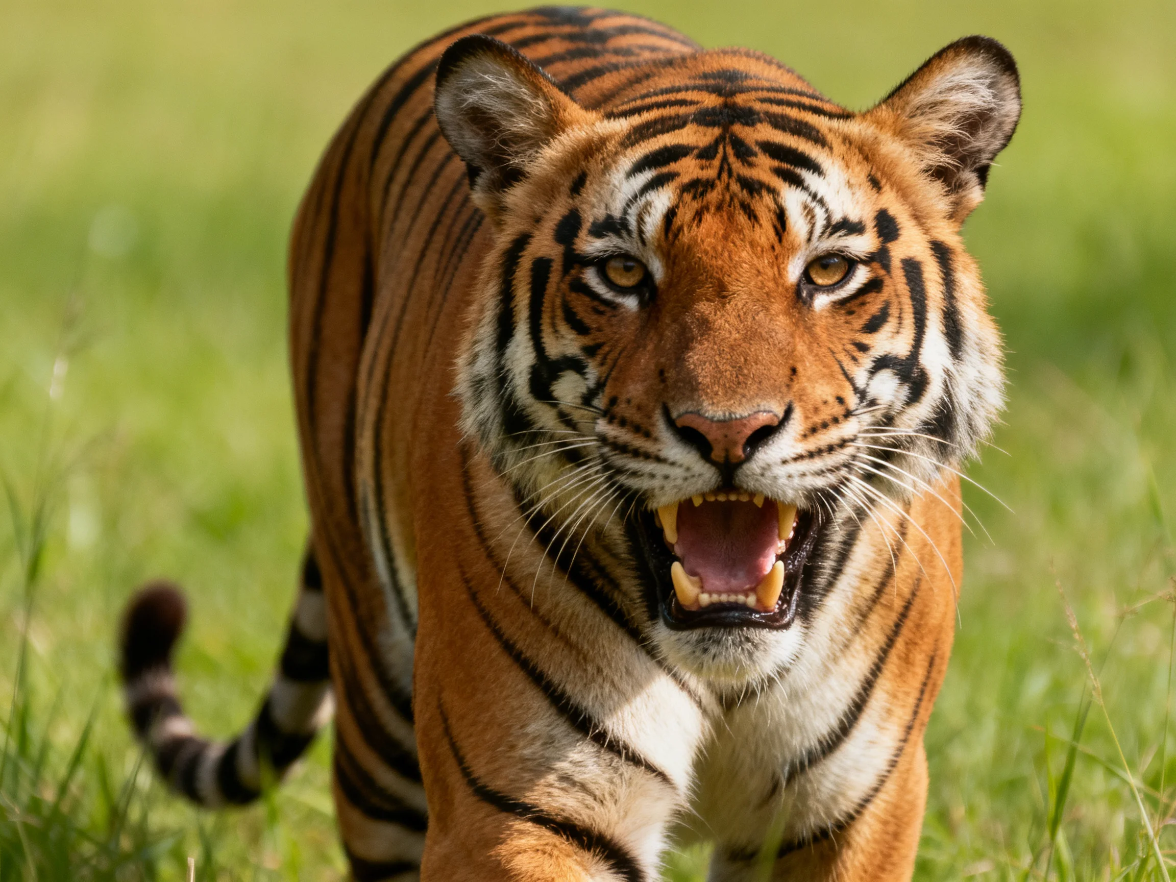A tiger with bold black stripes on orange fur in a sunlit grassy field