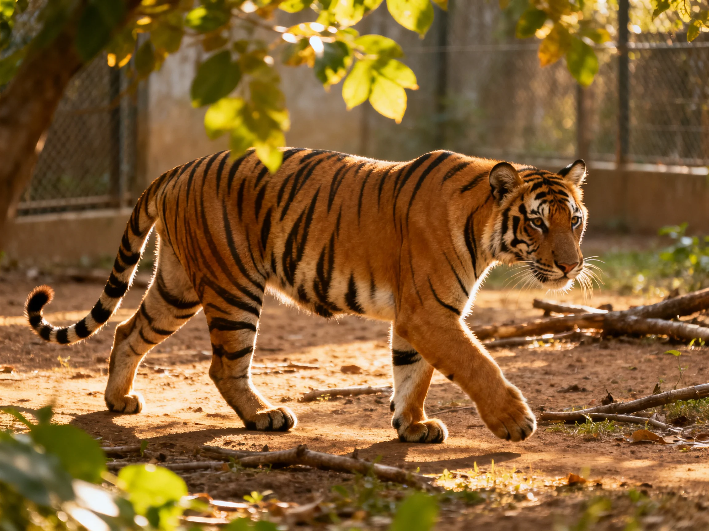 A tiger with bold black stripes moves through a sunlit area.