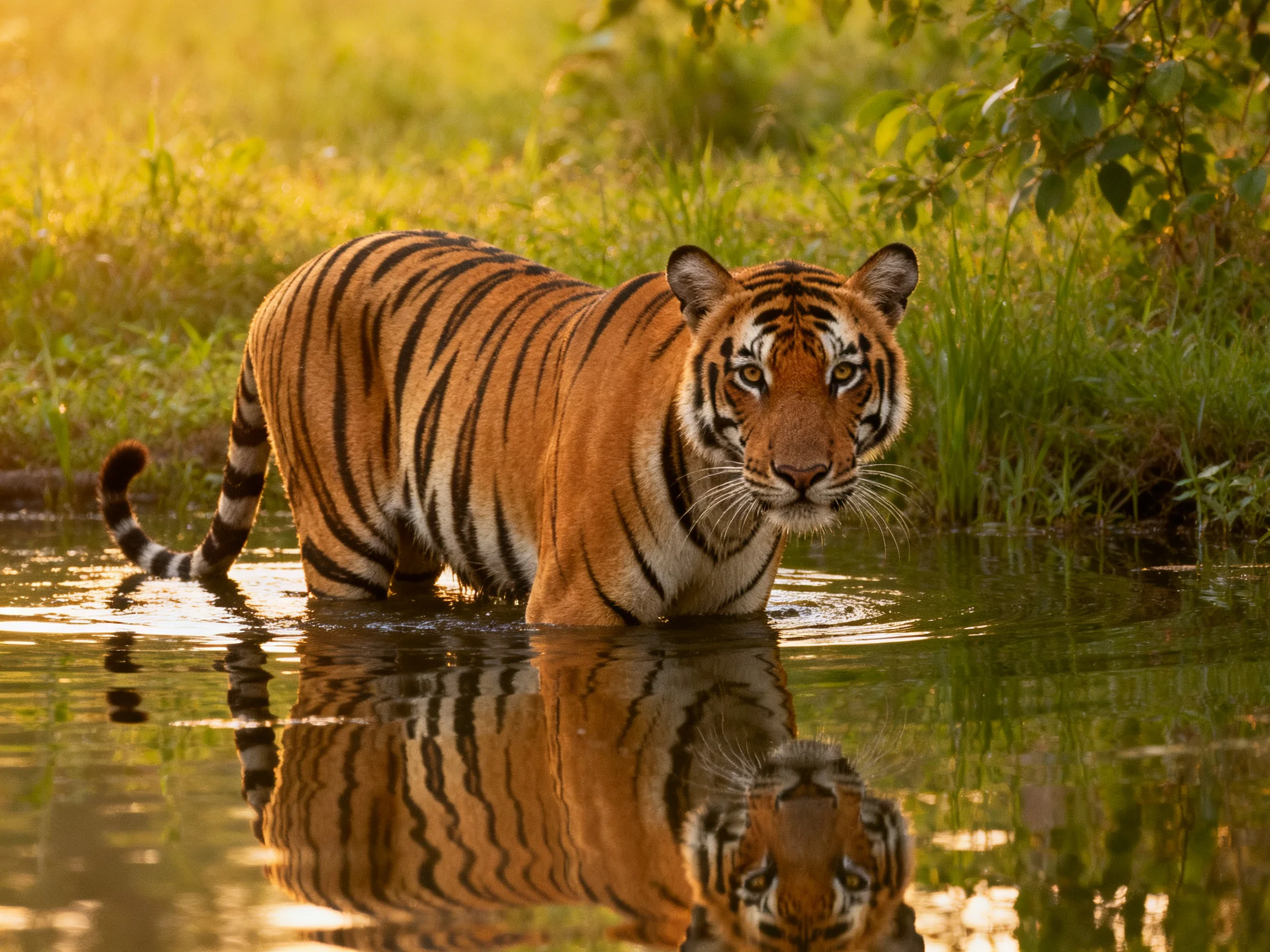 A tiger with bold black stripes wades through reflective water near lush greenery