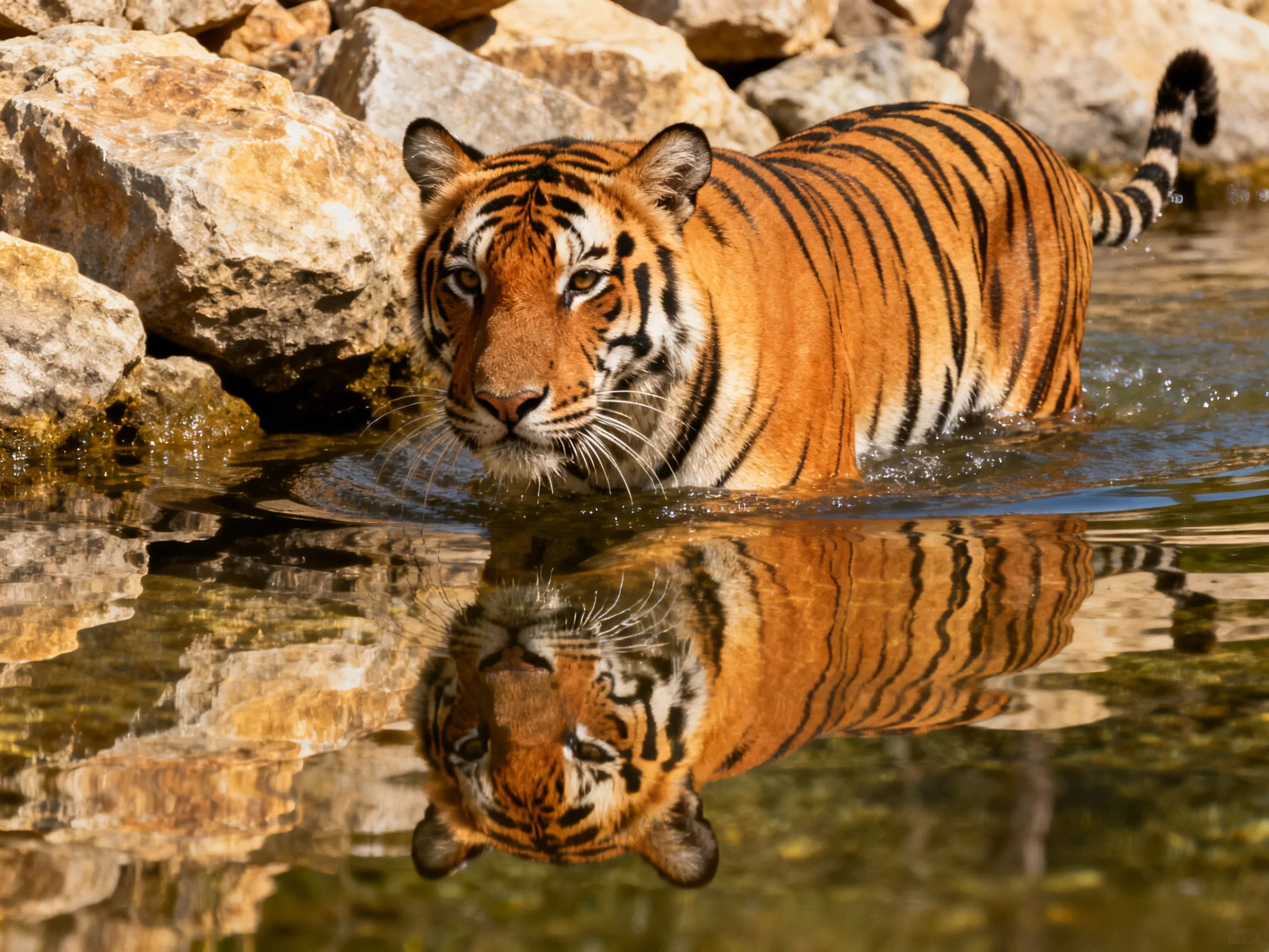 A tiger with bold black stripes wades through water near large rocks