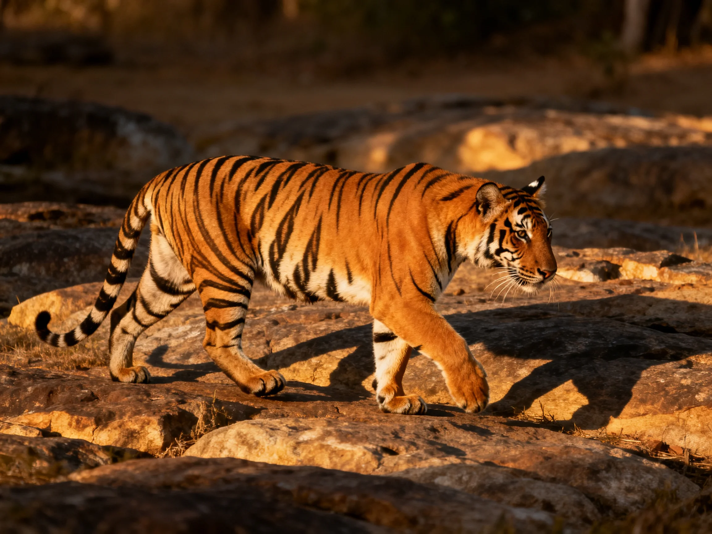 A tiger with bold black stripes walks across sunlit rocks.